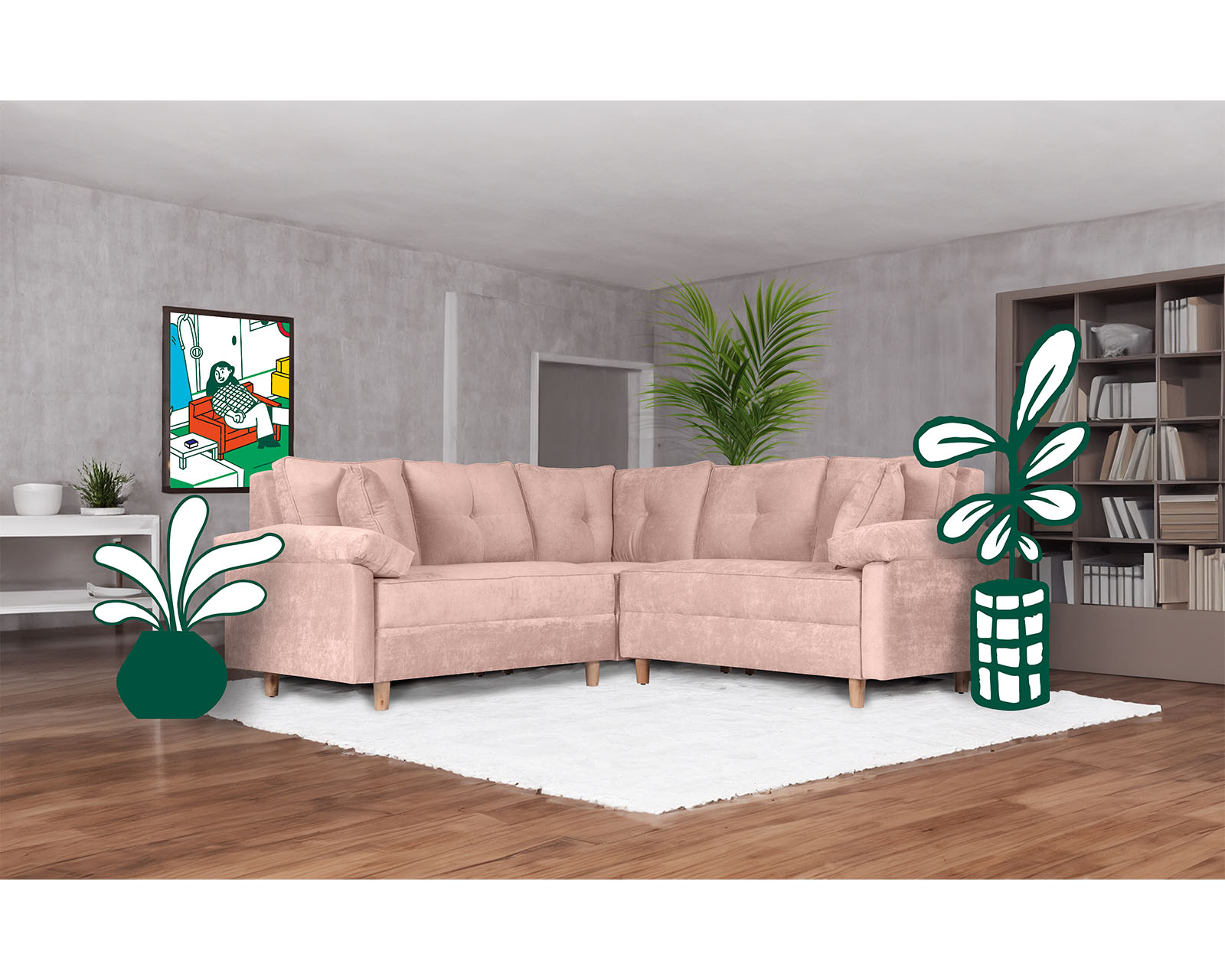 Sala Esquinera de Velvet Palo de Rosa Modelo Elton Makora