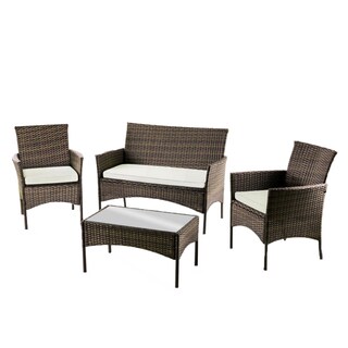 Foto 1 | Juego de Sala para Jardín de 4 Piezas Fabricado en Mimbre Sintético Set para Exteriores 3 Sofás con Asiento Acolchado