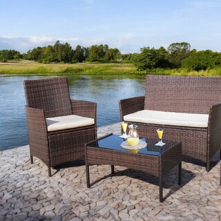 Foto 7 | Juego de Sala para Jardín de 4 Piezas Fabricado en Mimbre Sintético Set para Exteriores 3 Sofás con Asiento Acolchado