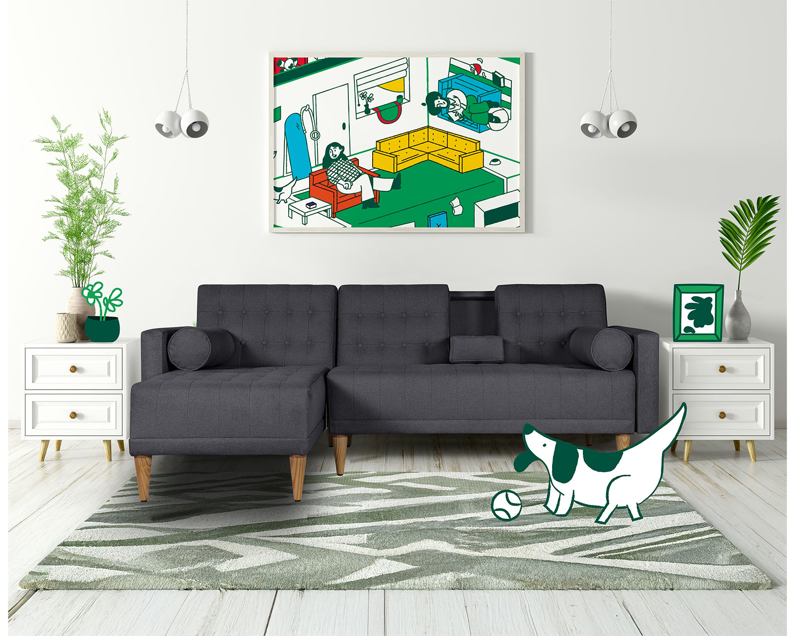 Sala Modular Reversible De Lino Gris Oxford Modelo Tyson