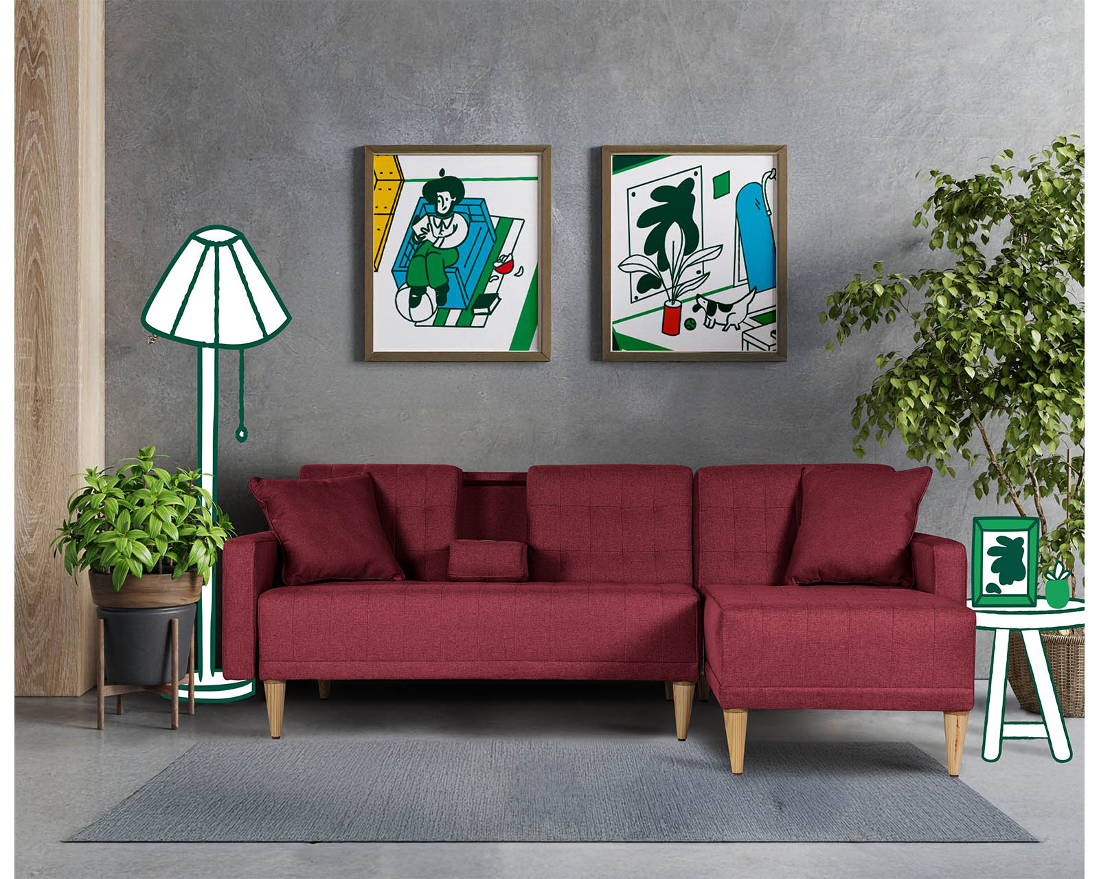 Sala Modular Reversible De Lino Rojo Modelo Kendall