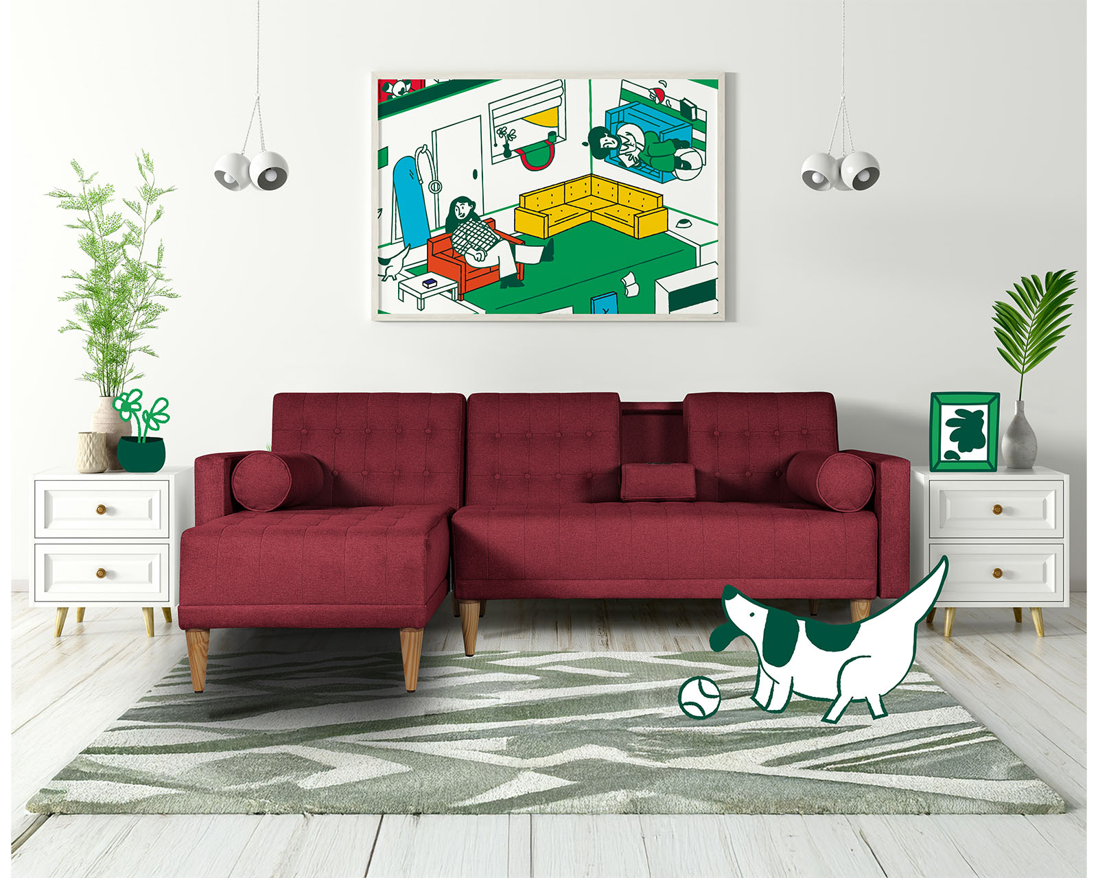 Sala Modular Reversible De Lino Rojo Modelo Tyson
