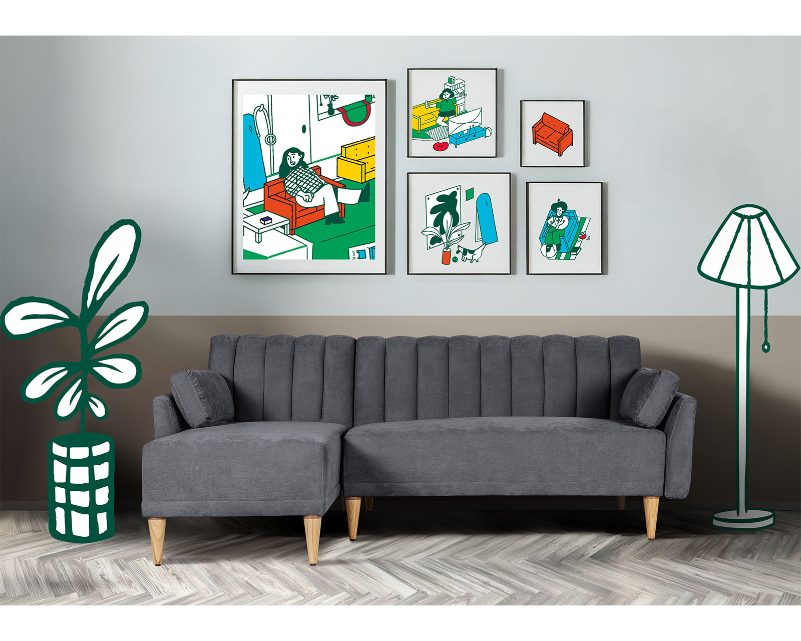 Sala Modular Reversible De Velvet Gris Oxford Modelo Acapella
