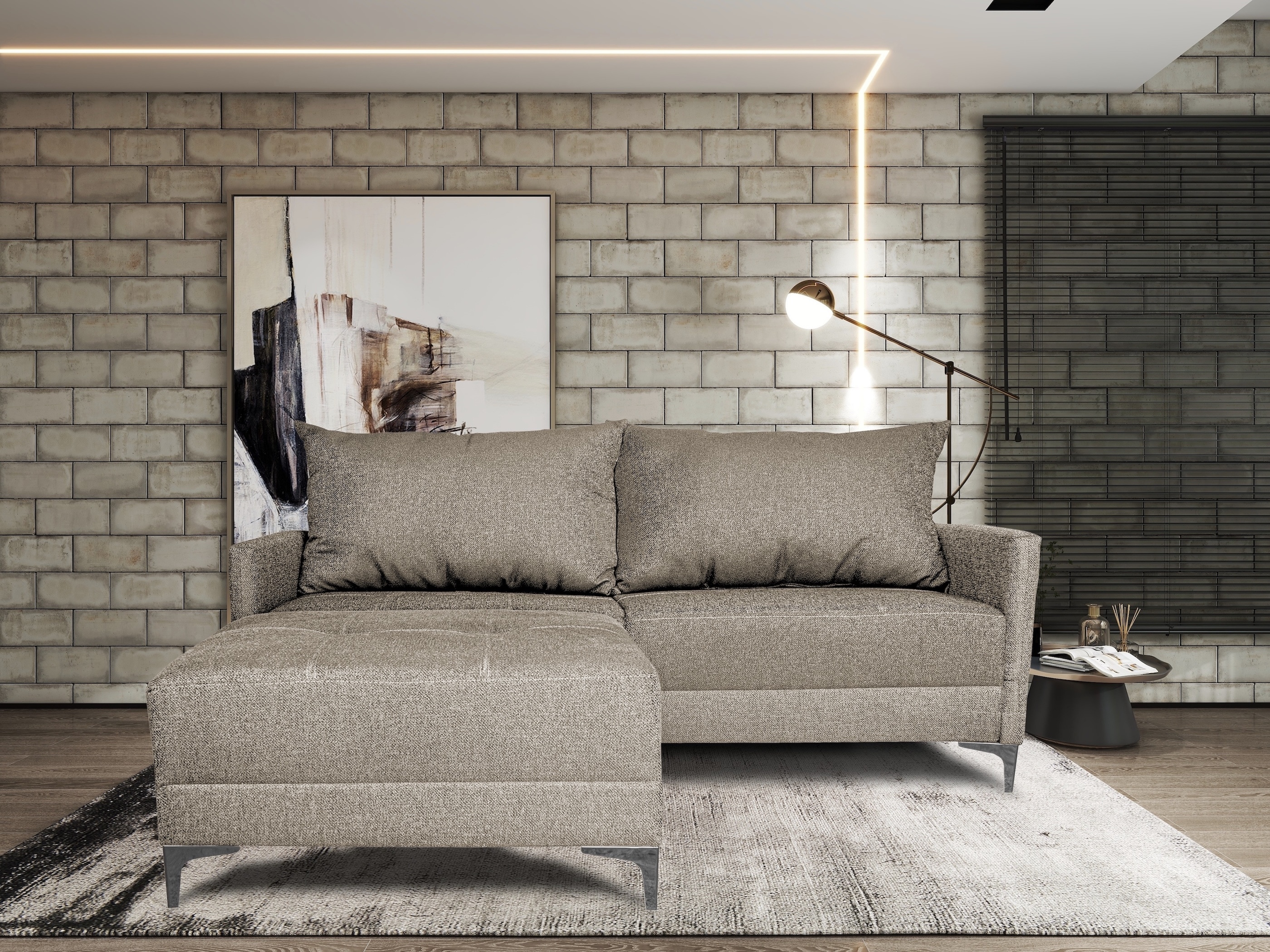Sala Esquinera Modular El Bazar Store Montana Beige 170x155 Cm  Tela Lino Nacional  Love Seat Y Taburete $5,499
