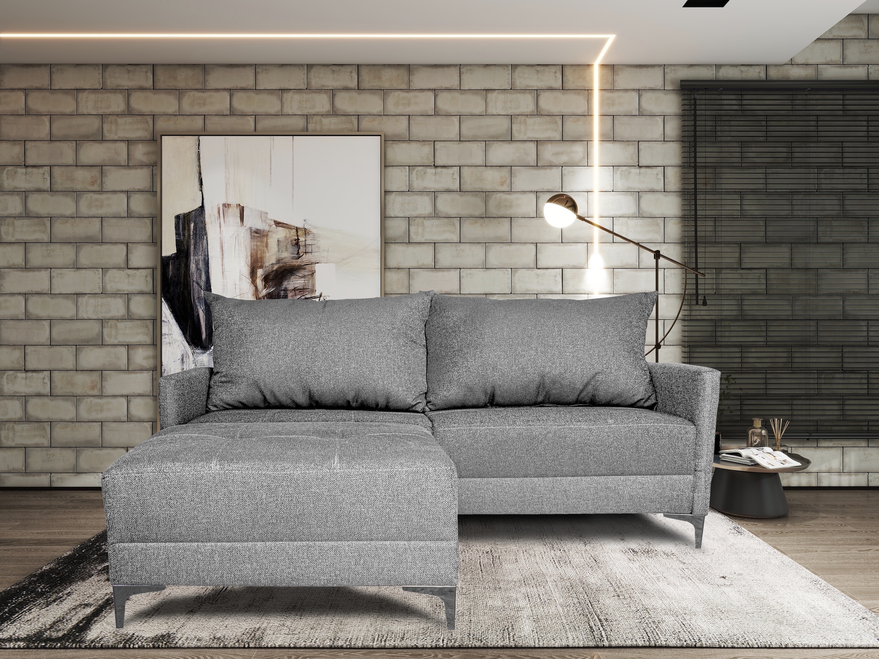 Sala Esquinera Modular El Bazar Store Montana Gris Plata 170x155 Cm  Tela Lino Nacional  Love Seat Y Taburete