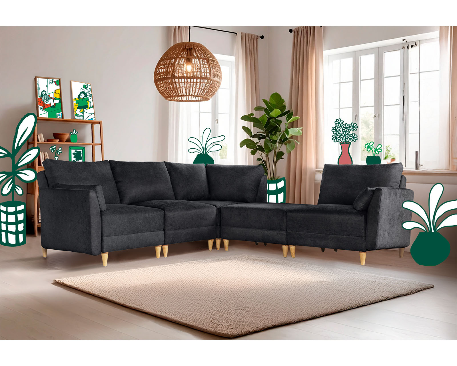 Foto 1 | Sala De 5 Modúlos Makora Everyn Con Memory Foam Color Negro Chenille Respaldo Reclinable De 3 Posiciones