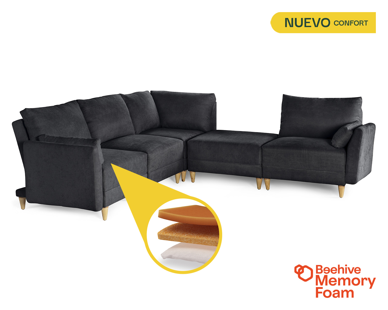Foto 2 | Sala De 5 Modúlos Makora Everyn Con Memory Foam Color Negro Chenille Respaldo Reclinable De 3 Posiciones