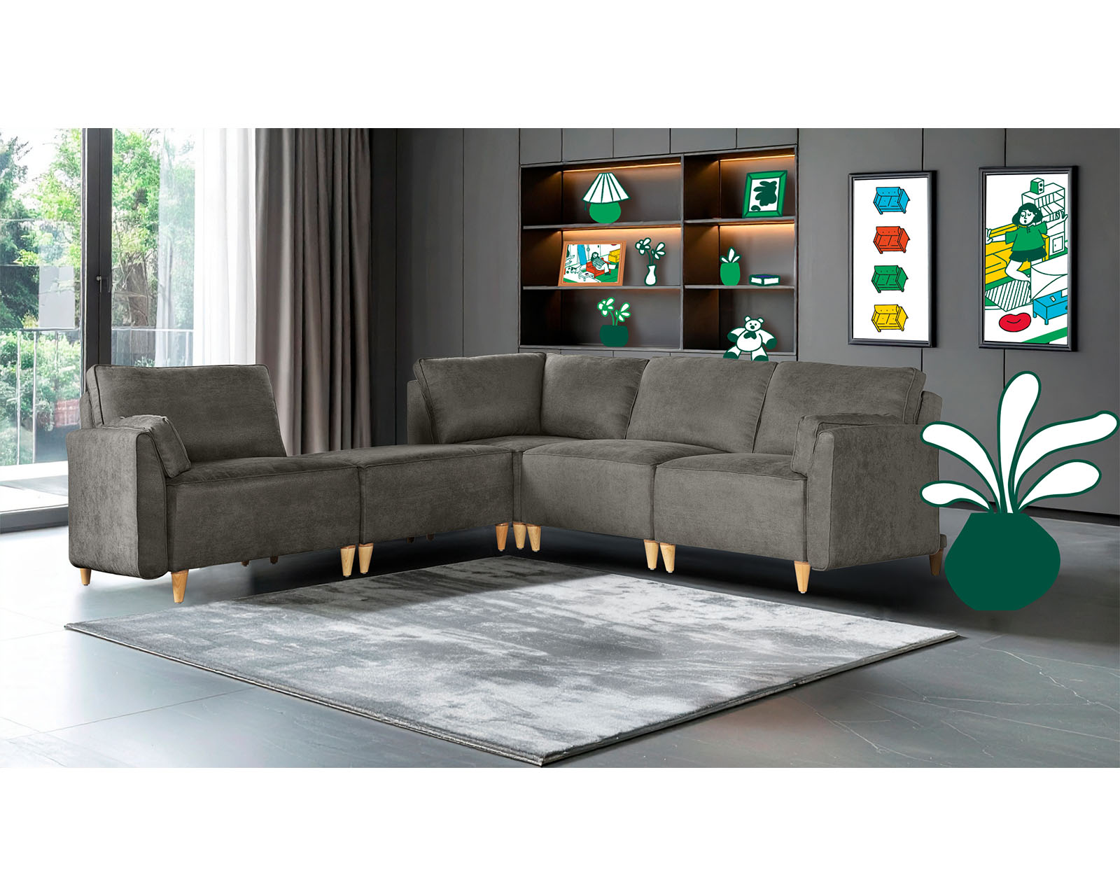 Foto 1 | Sala De 5 Módulos Makora Morelli Con Memory Foam Color Oxford Chenille Respaldo Reclinable De 3 Posiciones
