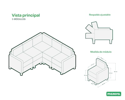 Foto 6 | Sala De 5 Modúlos Makora Everyn Con Memory Foam Color Gris Claro Chenille Respaldo Reclinable De 3 Posiciones