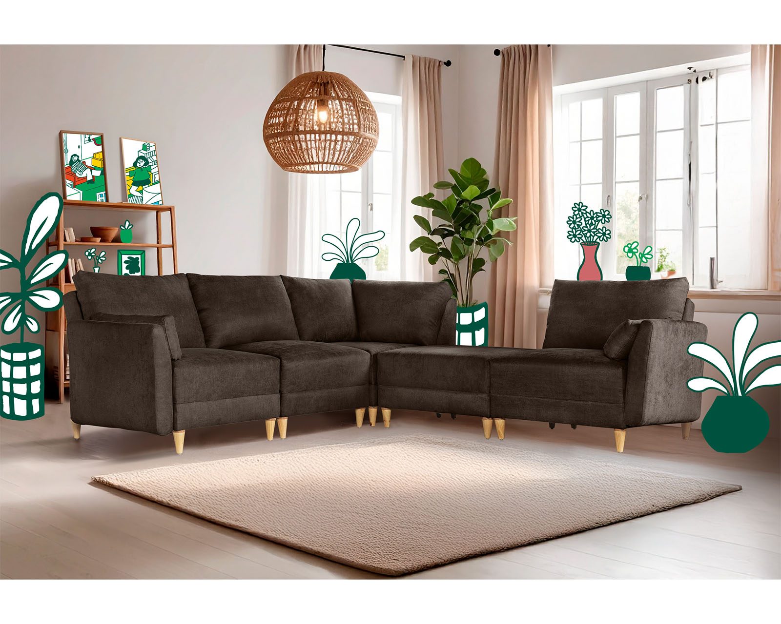 Foto 2 pulgar | Sala De 5 Modúlos Makora Everyn Con Memory Foam Color Chocolate Chenille Respaldo Reclinable De 3 Posiciones