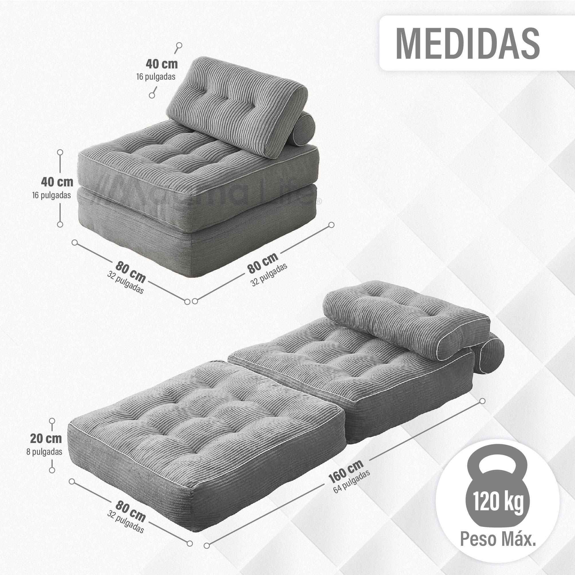 Foto 4 pulgar | Magma Life Sofá Plegable 2 En 1, Terciopelo Suave, Relleno De Memory Foam, Respaldo Antideslizante, Color Gris, 85x8