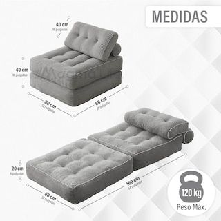 Foto 3 | Magma Life Sofá Plegable 2 En 1, Terciopelo Suave, Relleno De Memory Foam, Respaldo Antideslizante, Color Gris, 85x8