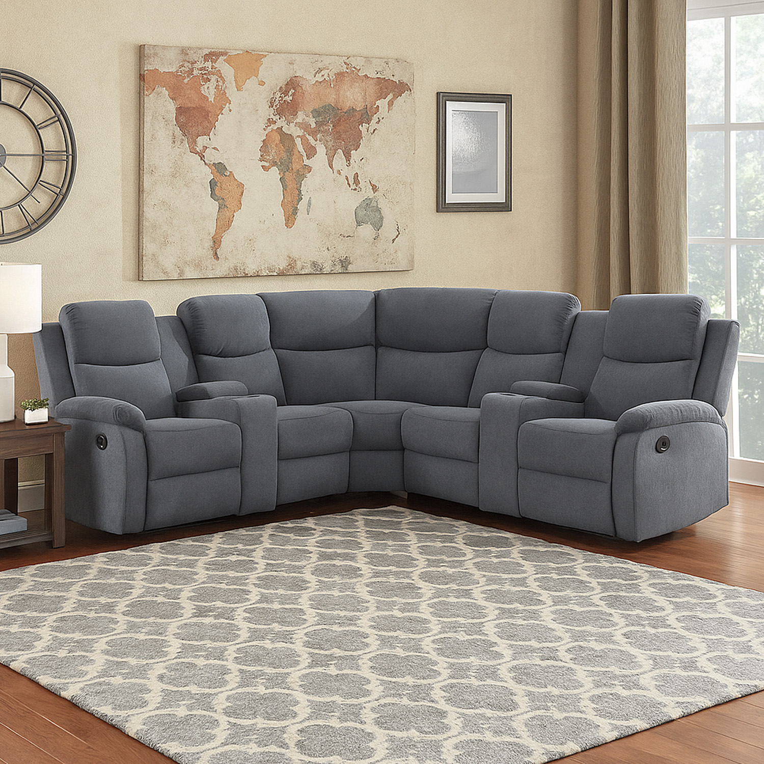 Sala Esquinero Reclinable De 6 Plazas Color Gris Con Consola Y Portavasos