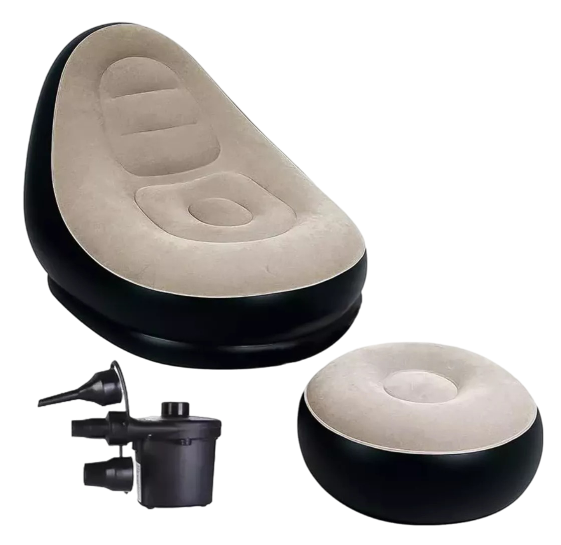 Sillón Inflable Impermeable Y Reposapiés + Bomba Eléctrica, Color: Negro