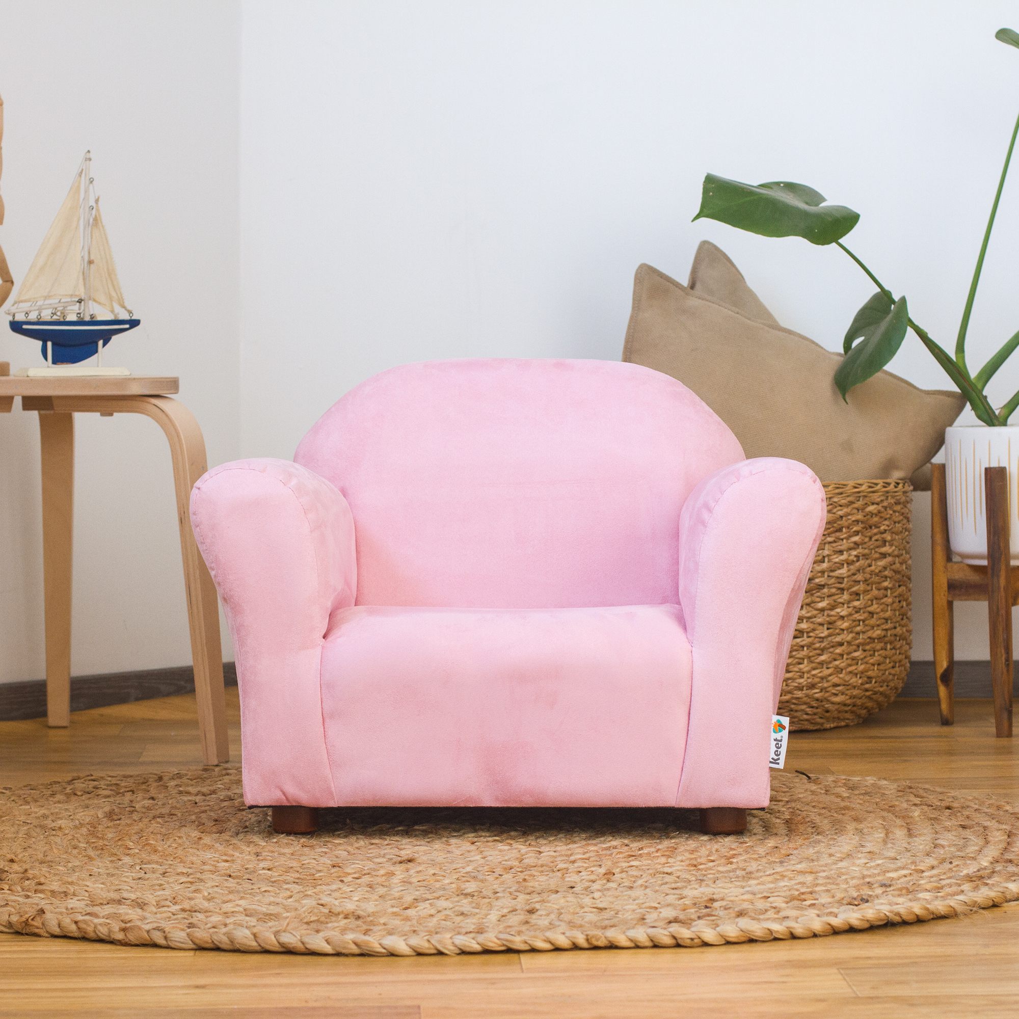 Sillón Princesa Rosa Tapizado en Microsuede Patas de Madera Desmontables Fácil de Aspirar y Trasportar