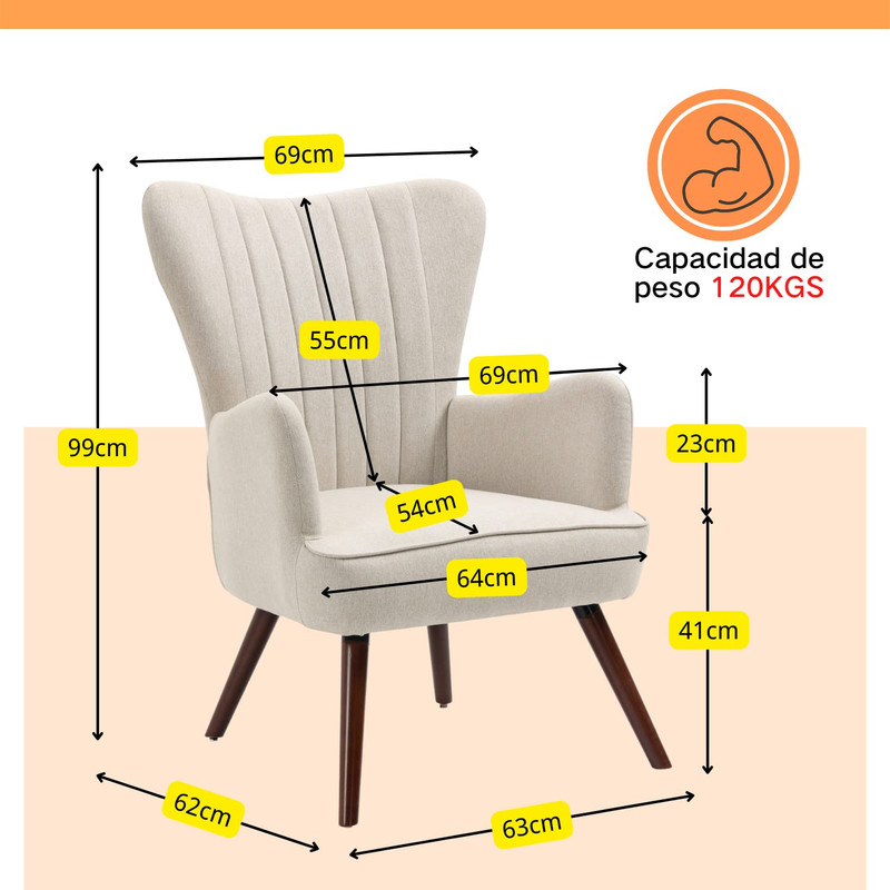 Foto 3 pulgar | Sillon Individual Terciopelo Sillon Occasional De Madera Beige Gomyhome
