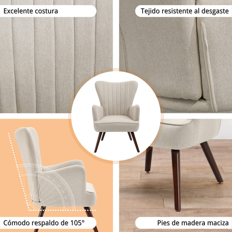 Foto 9 pulgar | Sillon Individual Terciopelo Sillon Occasional De Madera Beige Gomyhome