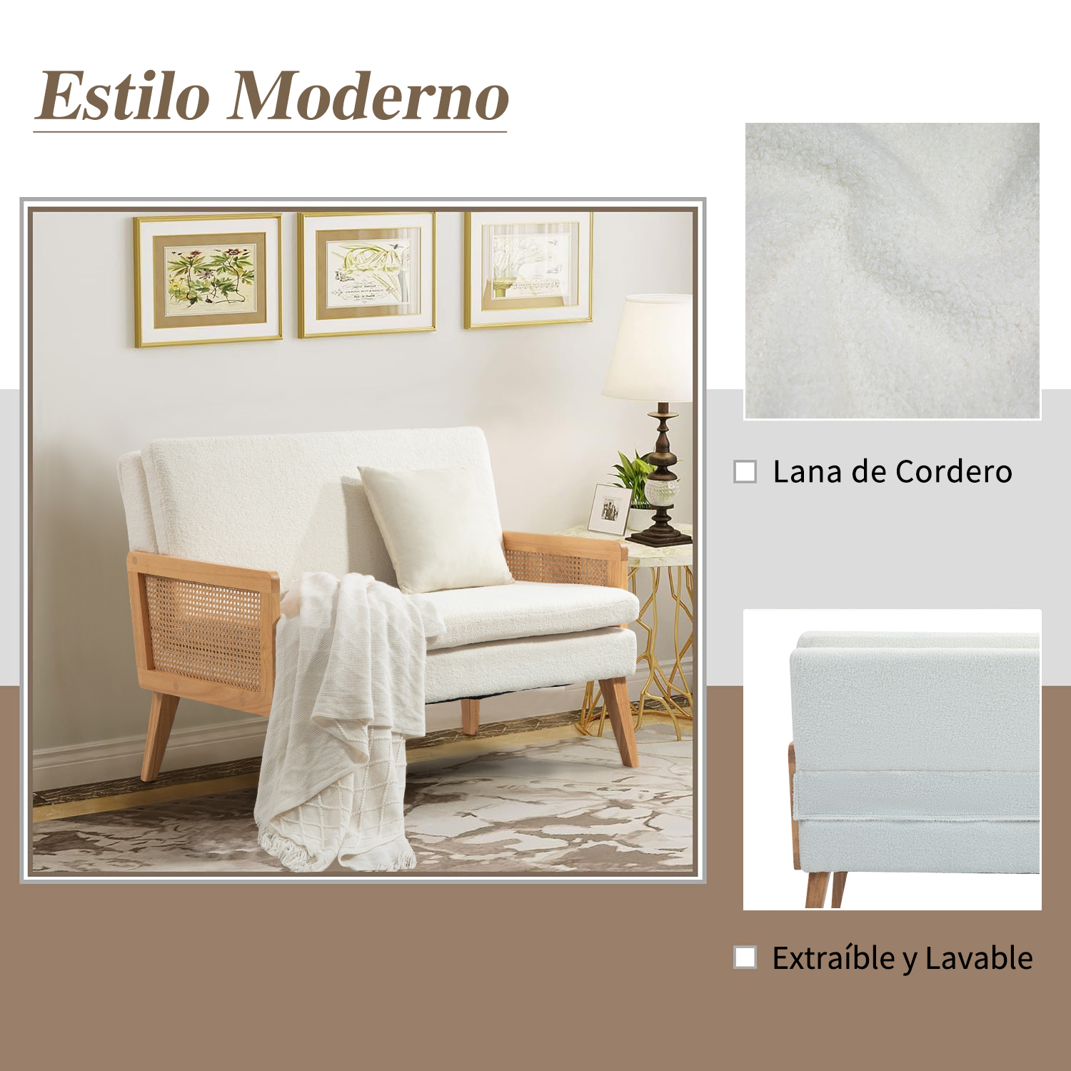 Foto 5 | Sofá De Dos Plazas Moderno Y Malla De Ratán Marco De Madera Yatahome Dian-d Blanco
