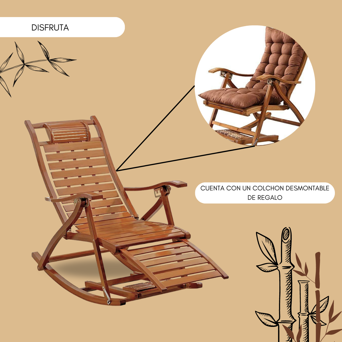 Foto 3 pulgar | Silla Mecedora de Bambú Komfort Plegable