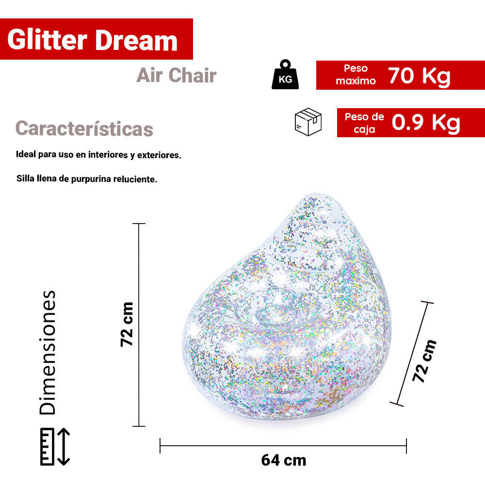 Foto 3 pulgar | Sillón Puff Inflable 75105 Glitter Dream Plata Transparente Bestway