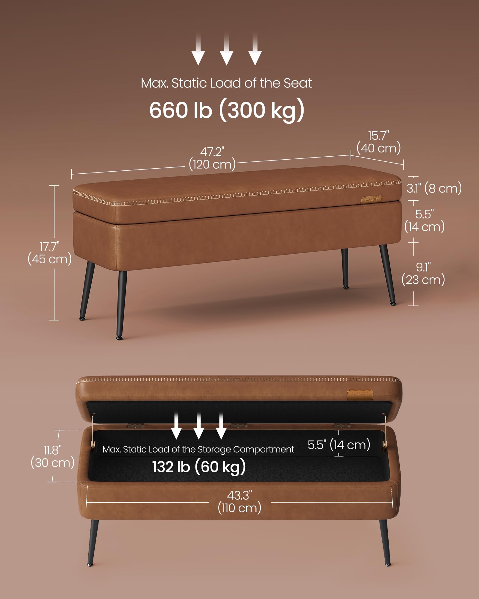 Foto 7 | Banco Otomano De Almacenamiento Vasagle Ekho Collection 57l Caramel - Venta Internacional.