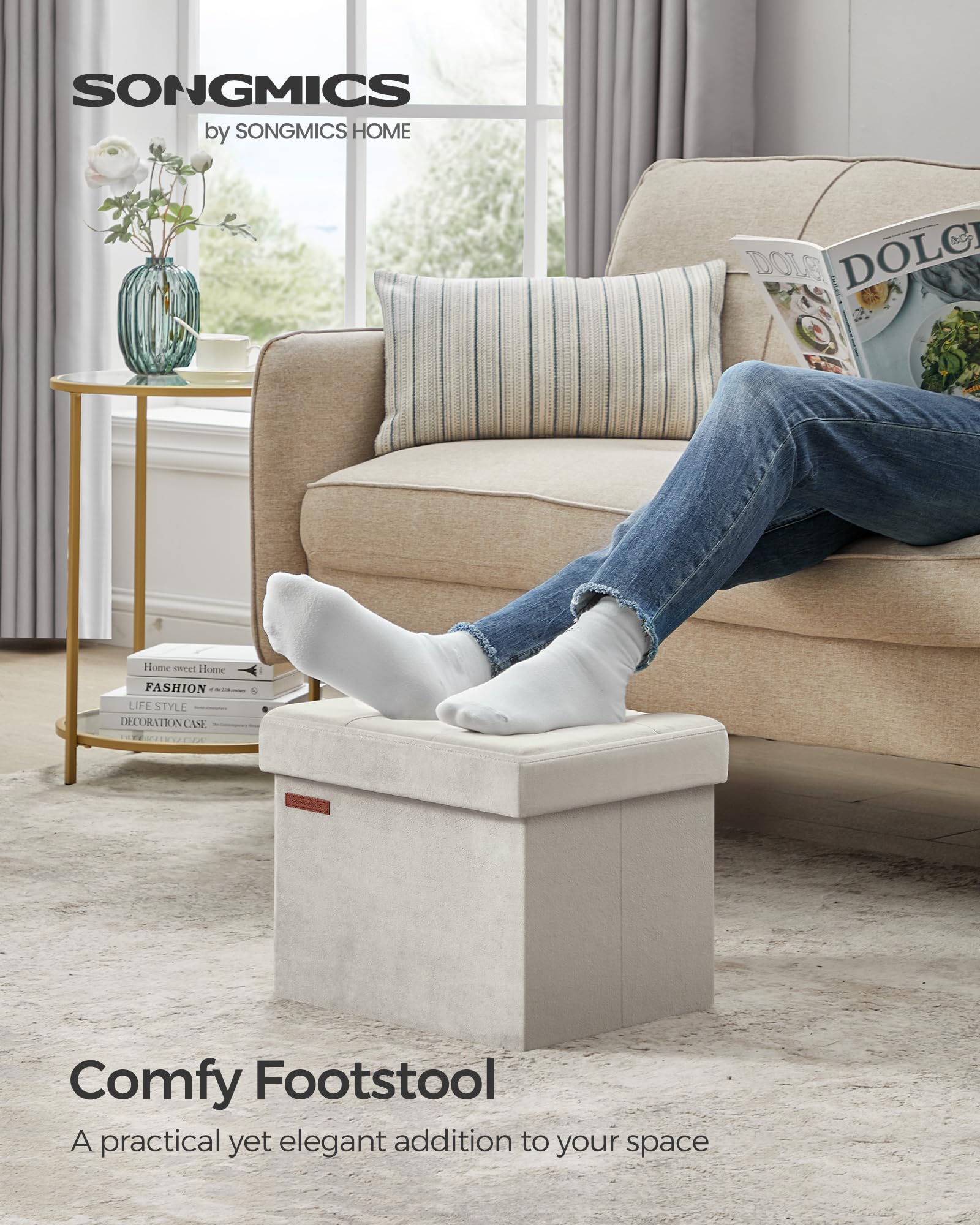 Foto 3 pulgar | Reposapiés Plegable Storage Ottoman Songmics Beige - Venta Internacional