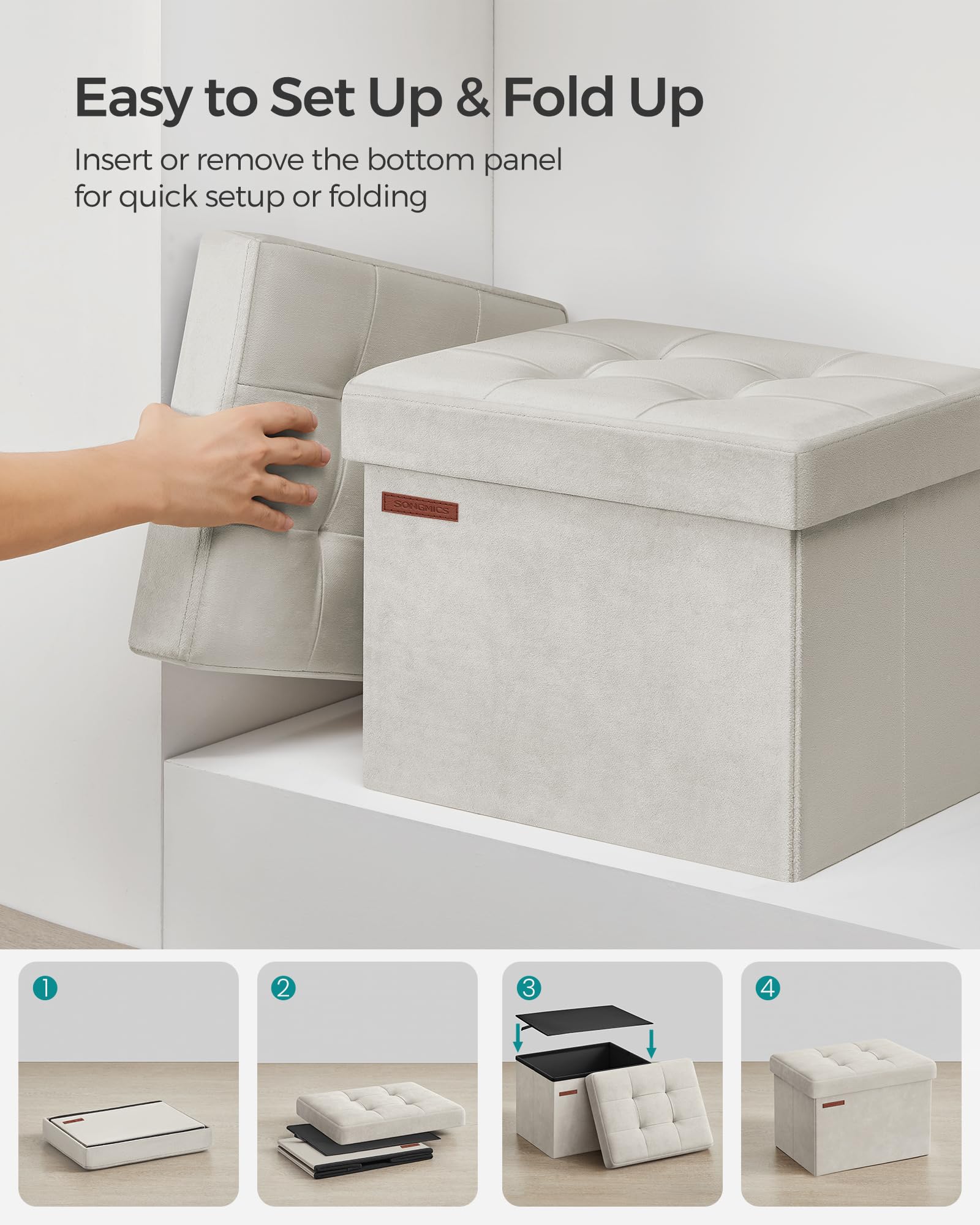Foto 8 pulgar | Reposapiés Plegable Storage Ottoman Songmics Beige - Venta Internacional