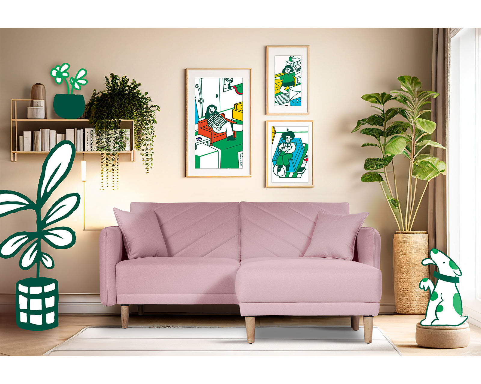 Sala Modular Sofá Cama Reversible de Lino Rosa Ritz
