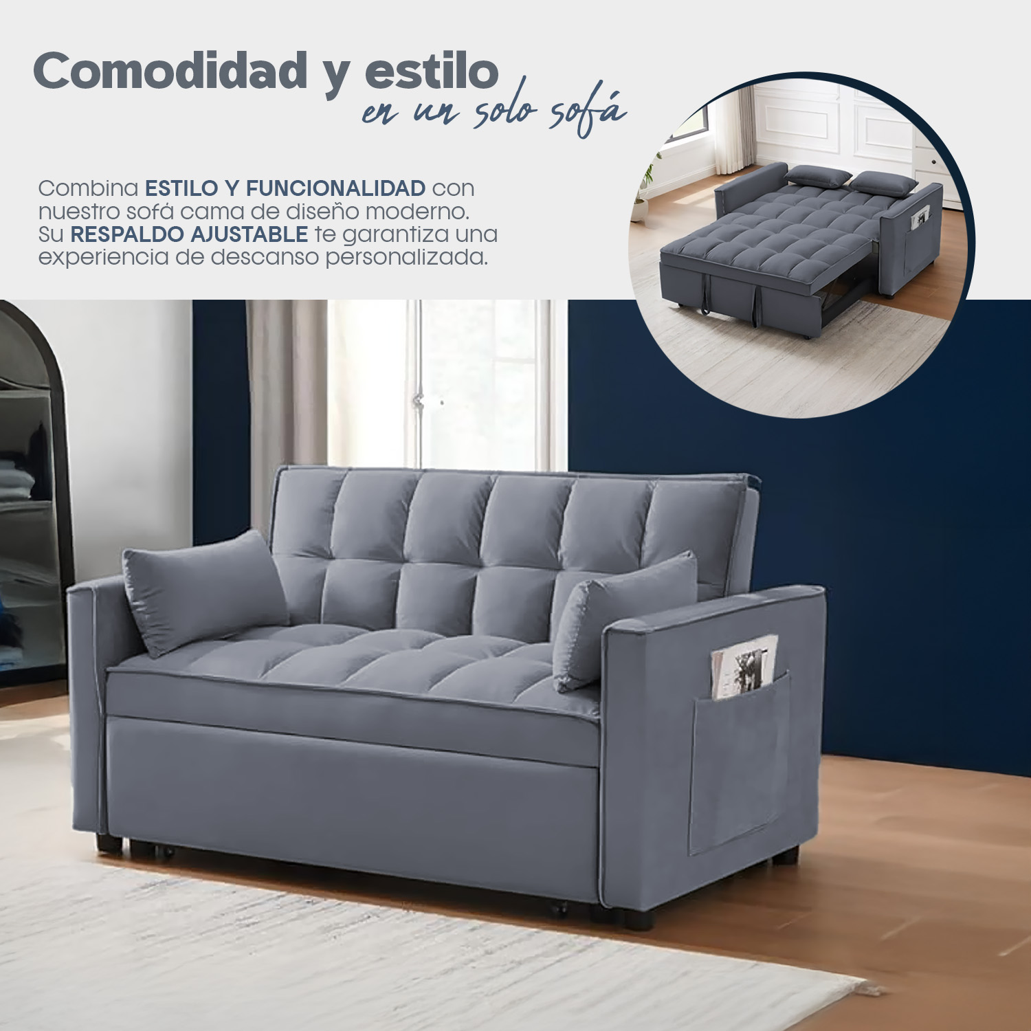 Foto 7 pulgar | Sofá Cama Reclinable Convertible Bossa Anders Gris