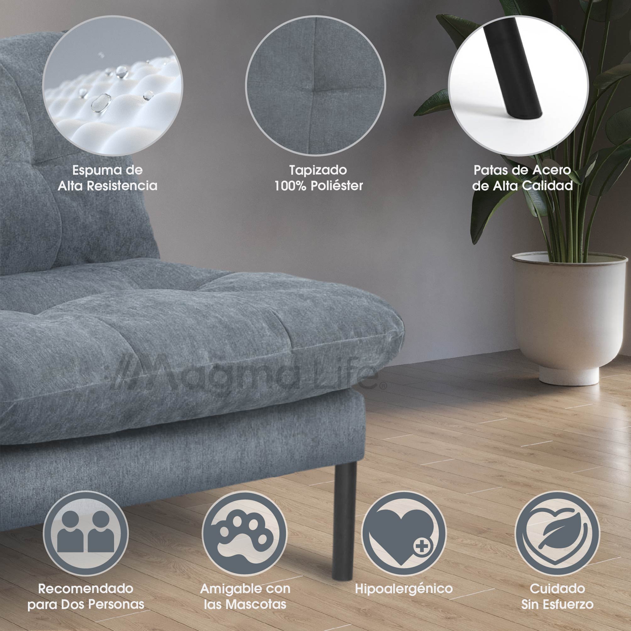 Foto 3 pulgar | Magma Life Sofá Cama Color Gris, Estructura De Hierro, Tapizado En Lino Y Relleno De Algodón, Diseño Elegante Y Compa