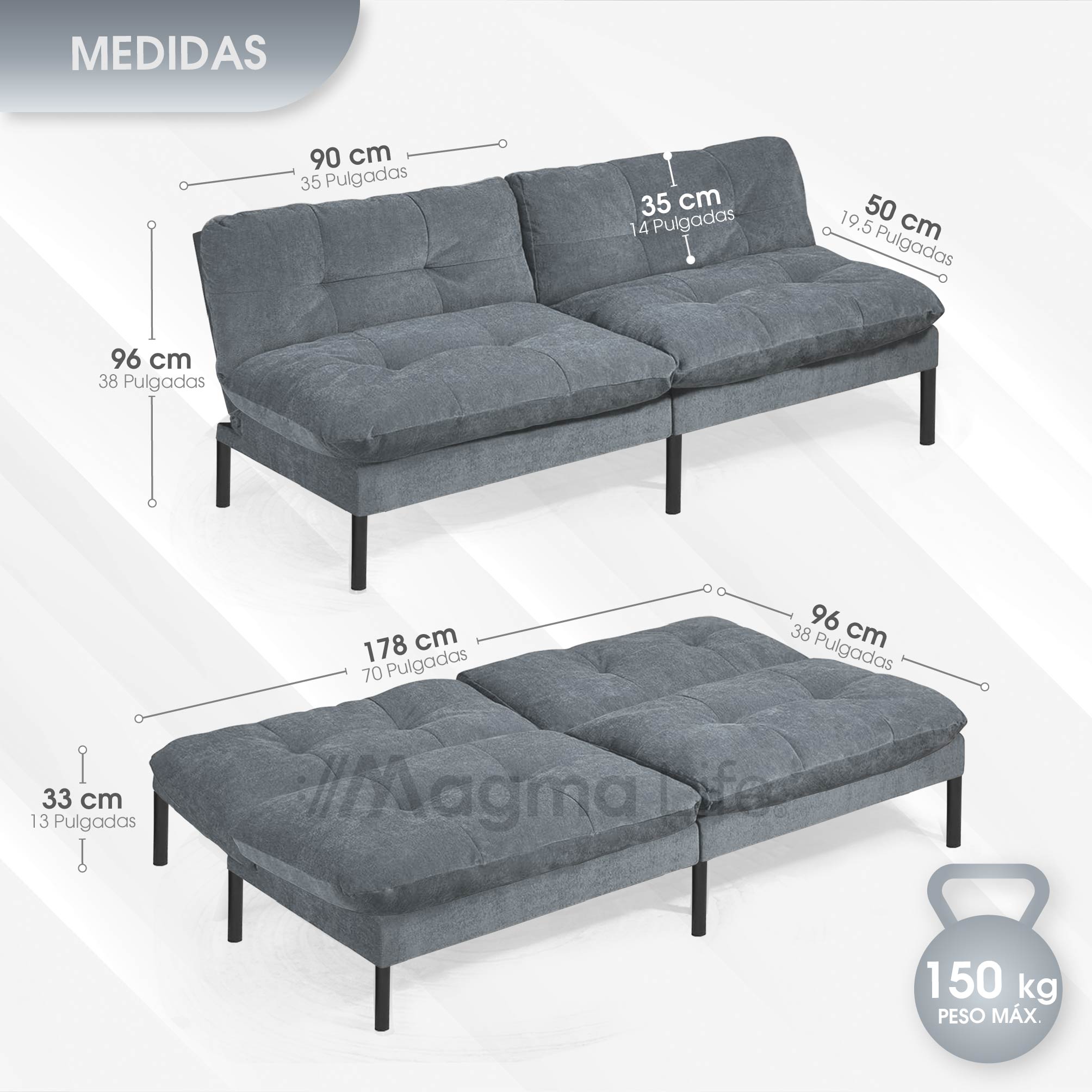 Foto 4 pulgar | Magma Life Sofá Cama Color Gris, Estructura De Hierro, Tapizado En Lino Y Relleno De Algodón, Diseño Elegante Y Compa