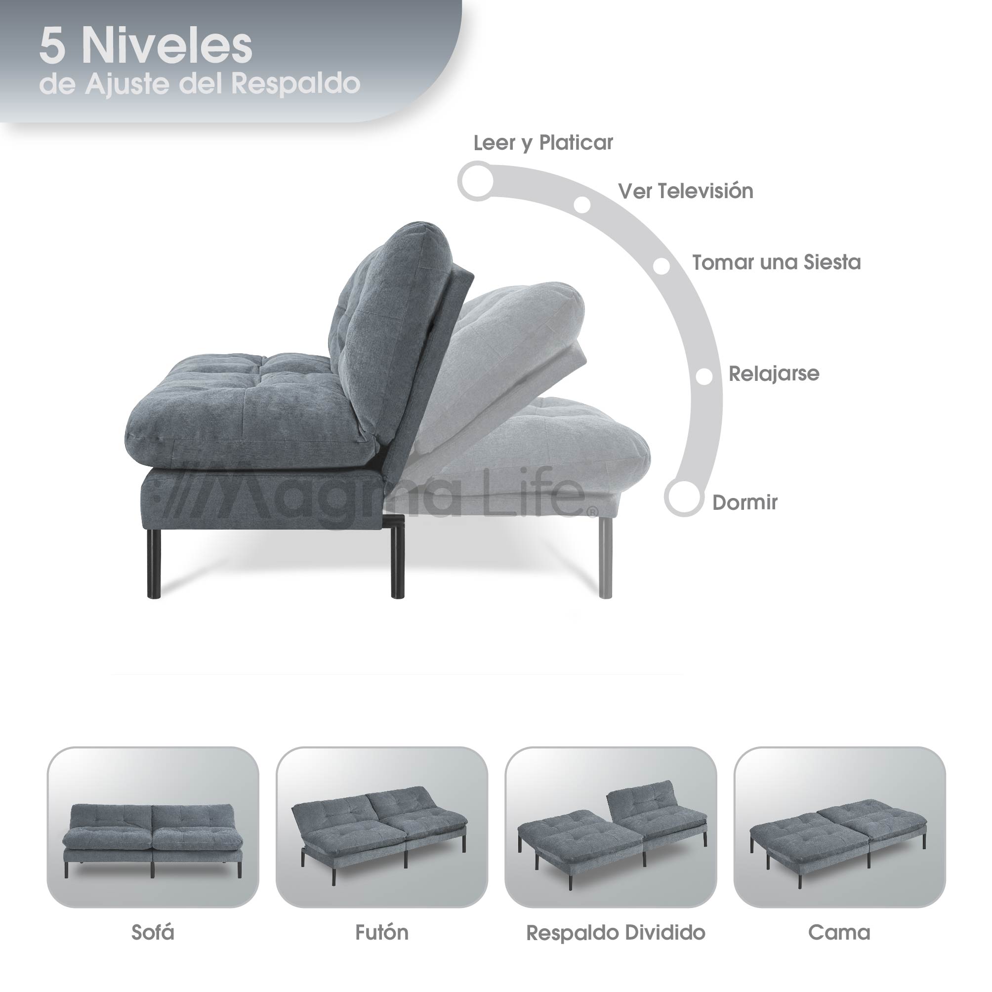 Foto 6 pulgar | Magma Life Sofá Cama Color Gris, Estructura De Hierro, Tapizado En Lino Y Relleno De Algodón, Diseño Elegante Y Compa