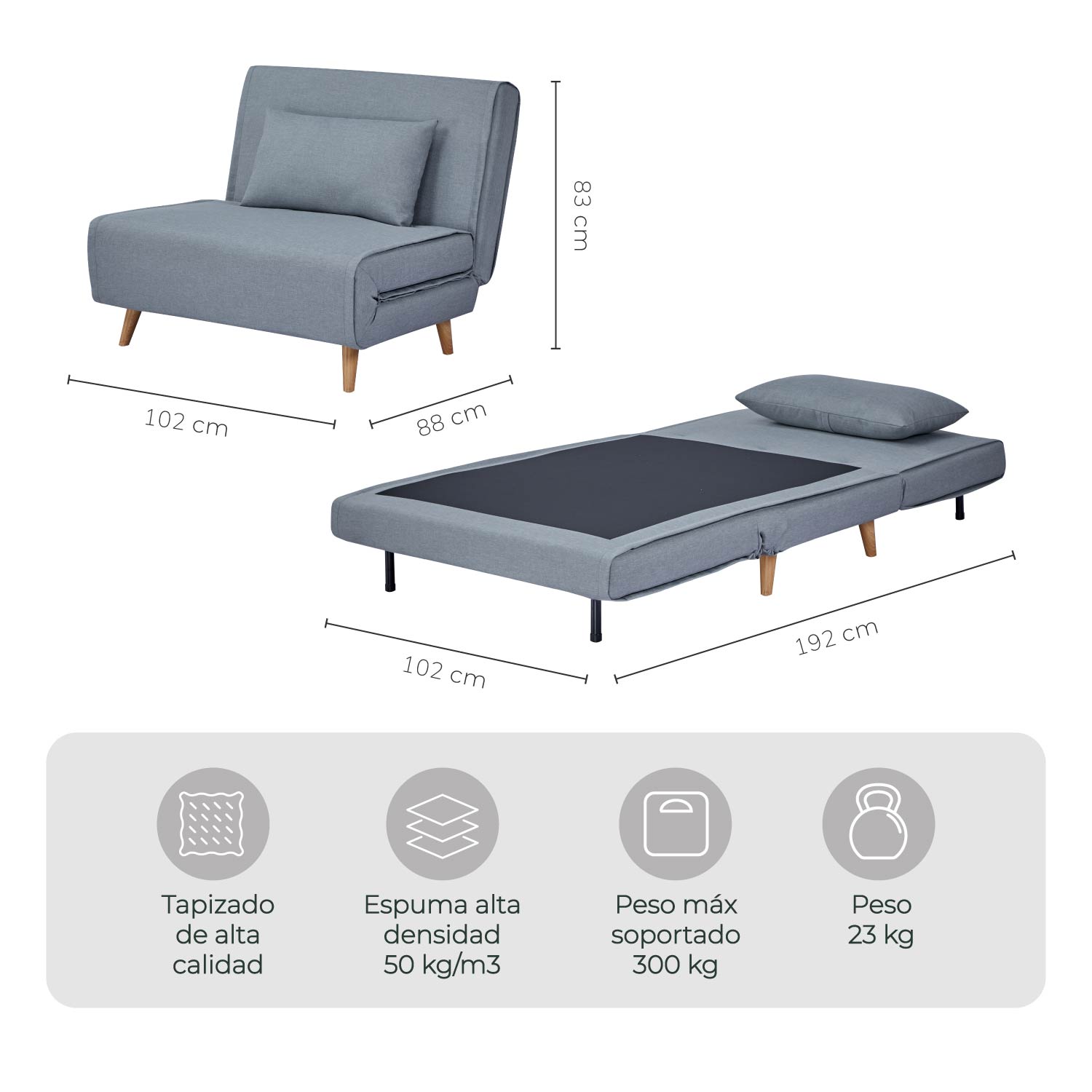 Foto 3 | Sillón Sofá Cama Individual Relan Velne Plegable Gris
