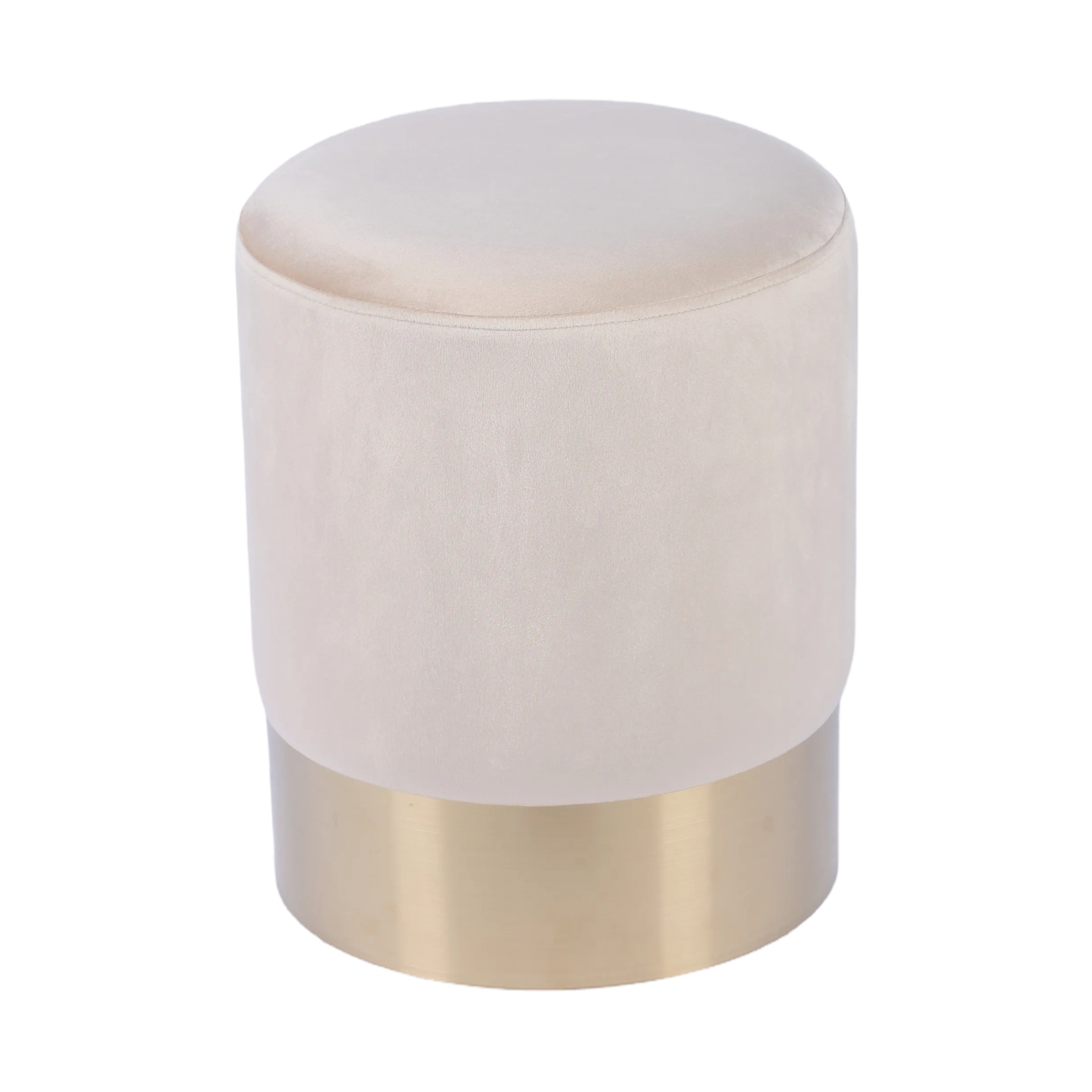 Taburete Cilíndrico Tapizado En Terciopelo Beige Con Base De Acero Inoxidable En Acabado Dorado