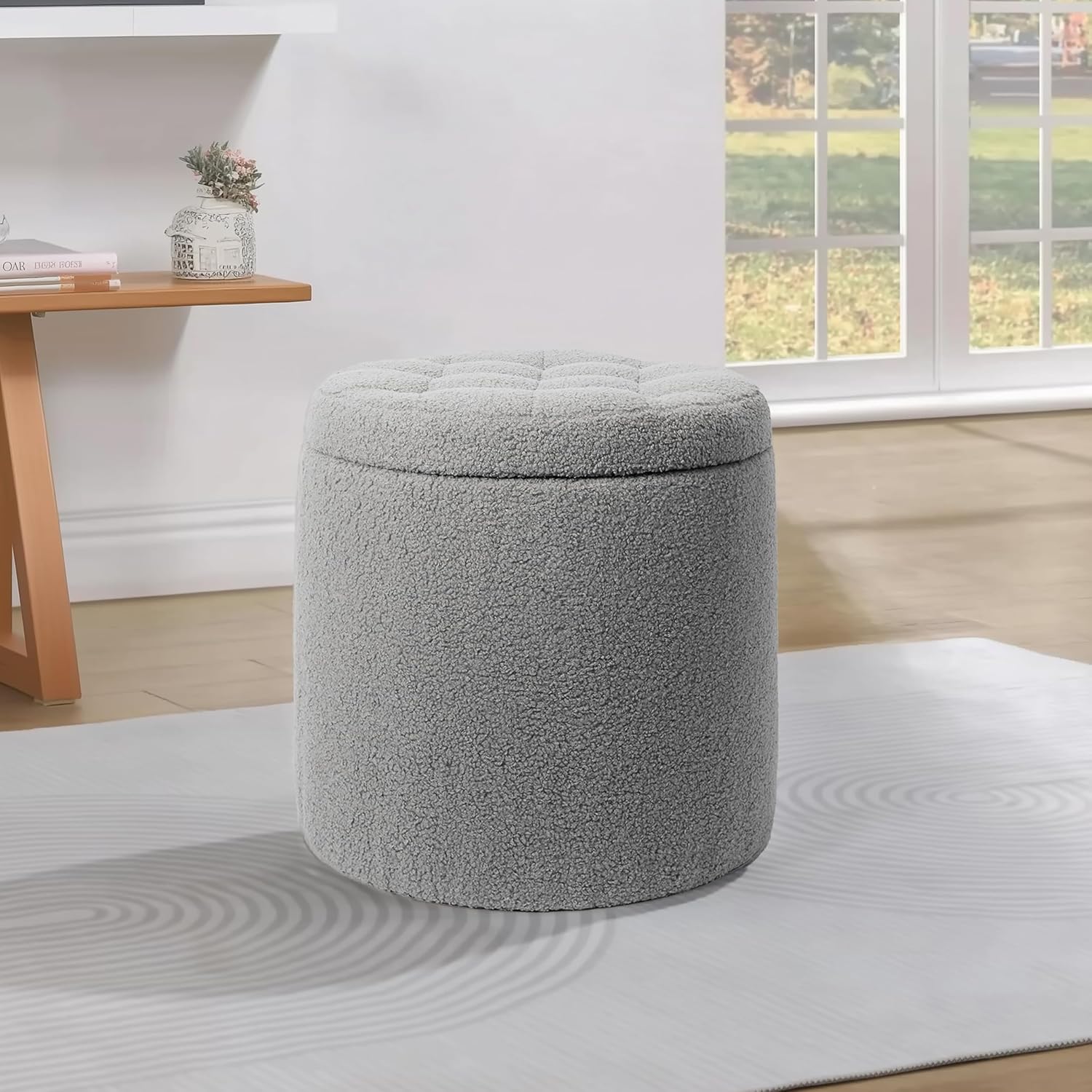Foto 6 | Taburete Otomano Redondo Mu:4life Gris con Asiento Acolchado Baúl de Almacenaje y Tapa de Mdf