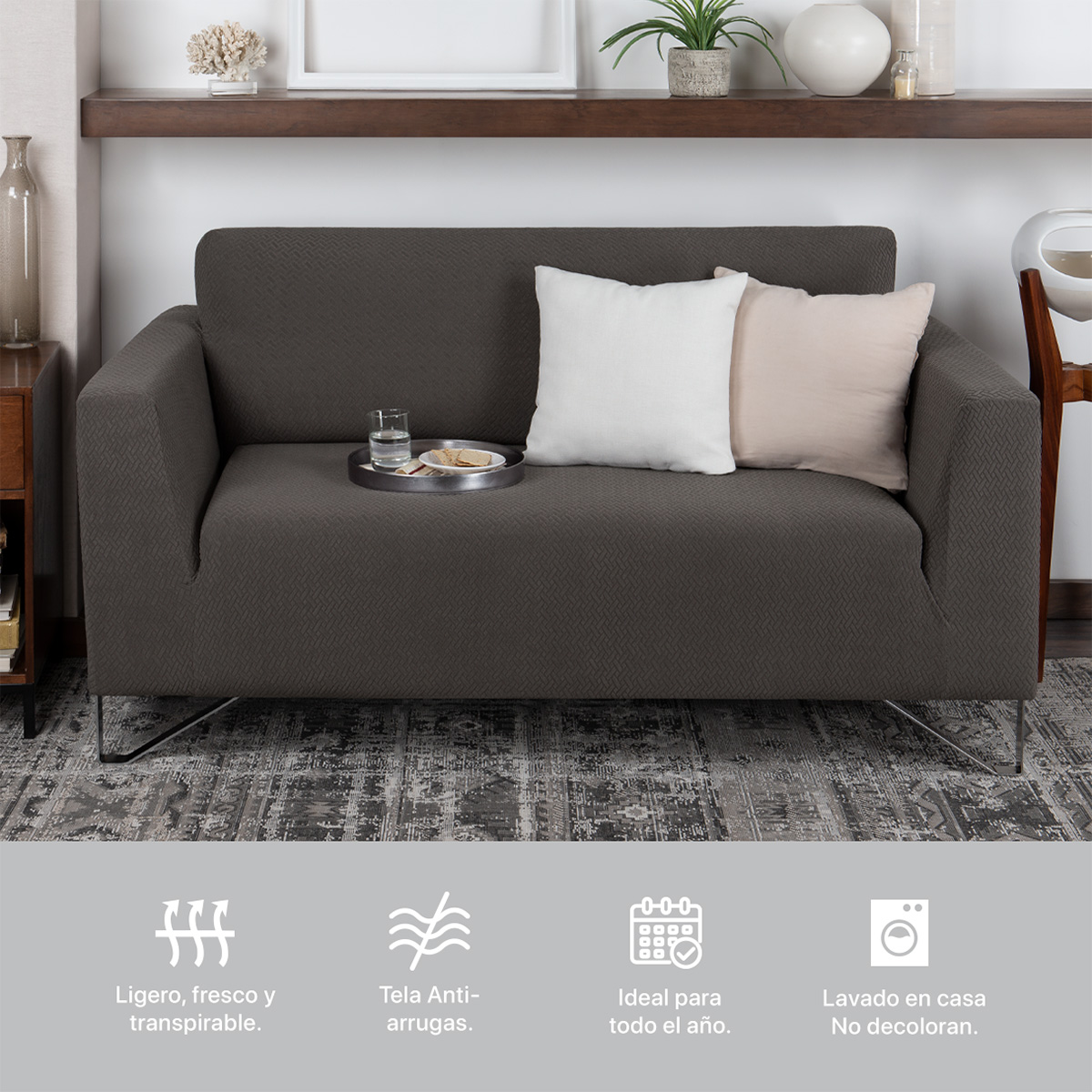 Foto 7 | Juego Protector Cubre Salas Real Textil Elástico Gris Oxford Oscuro Ajustable 3 Piezas
