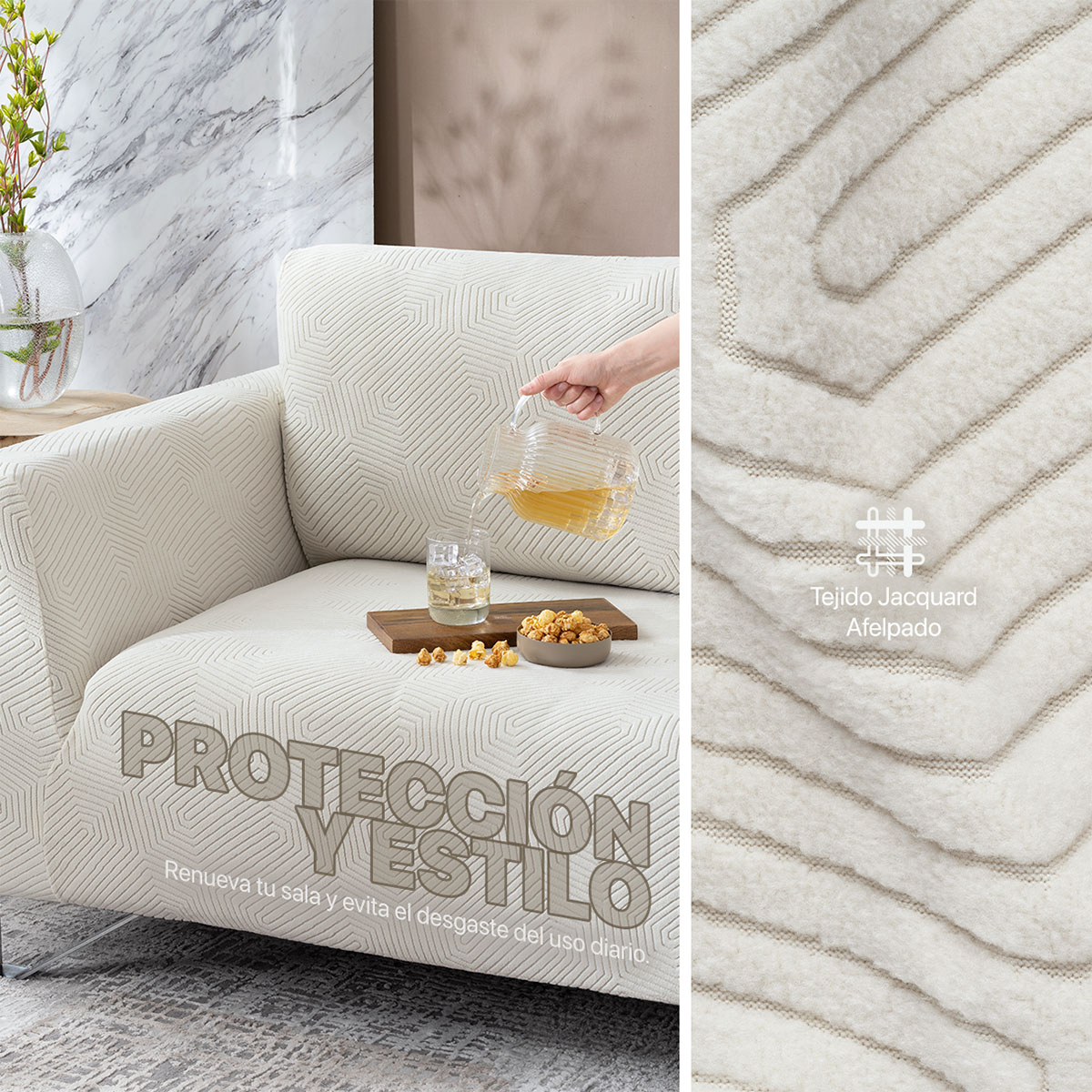 Foto 4 | Juego Protector Cubre Salas Real Textil Elástico Marfil Ajustable 3 Piezas