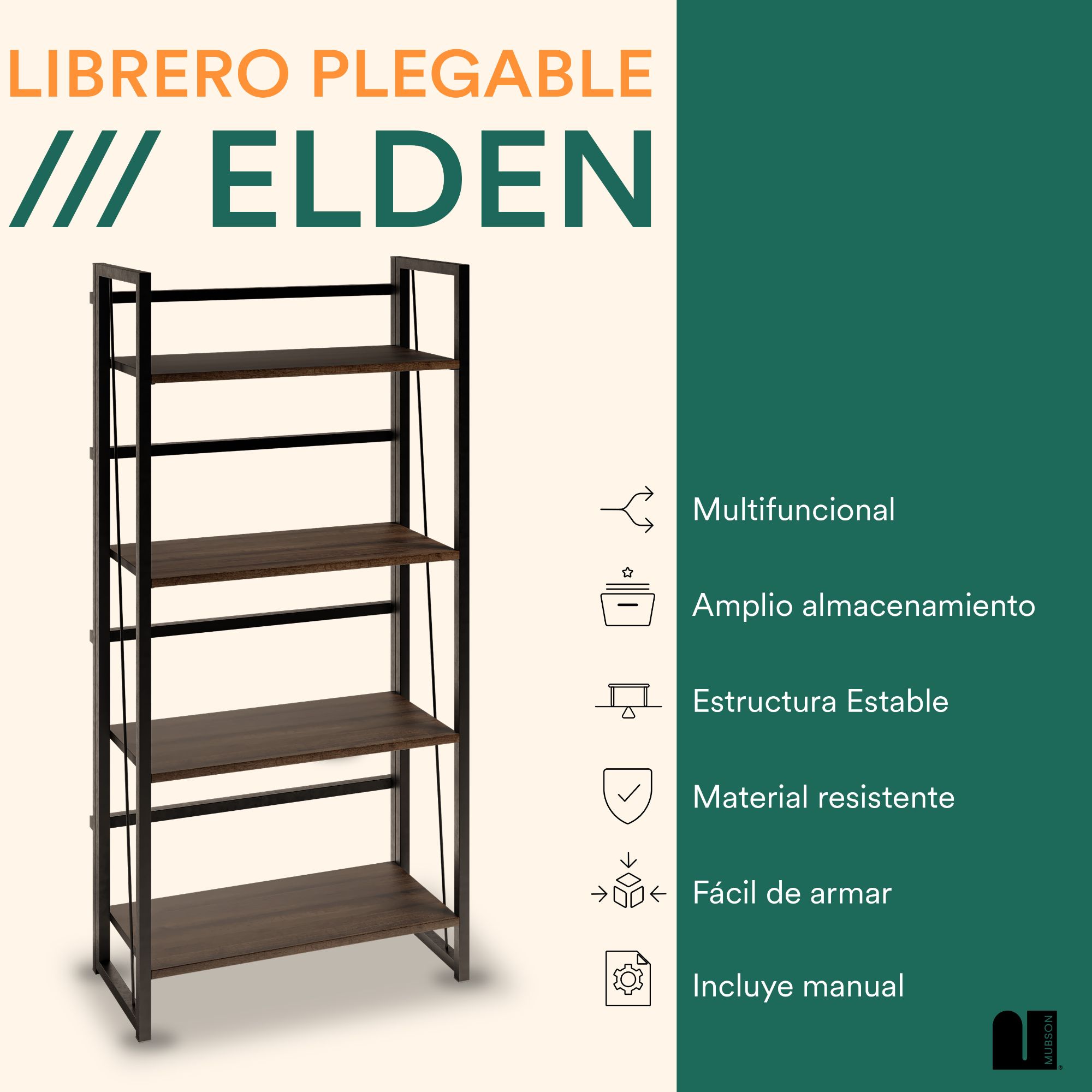 Foto 2 | Librero Plegable Mubson Elden color Marrón con 4 Repisas