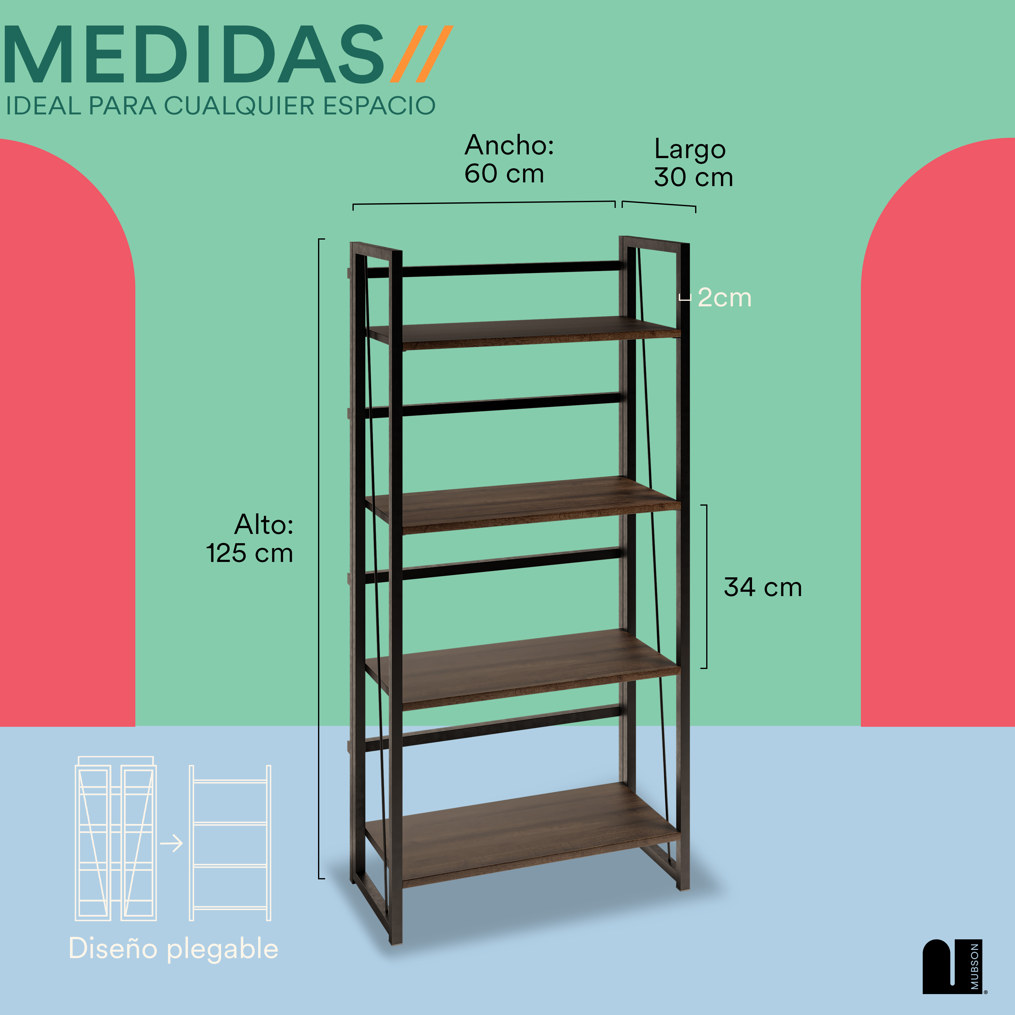 Foto 4 | Librero Plegable Mubson Elden color Marrón con 4 Repisas