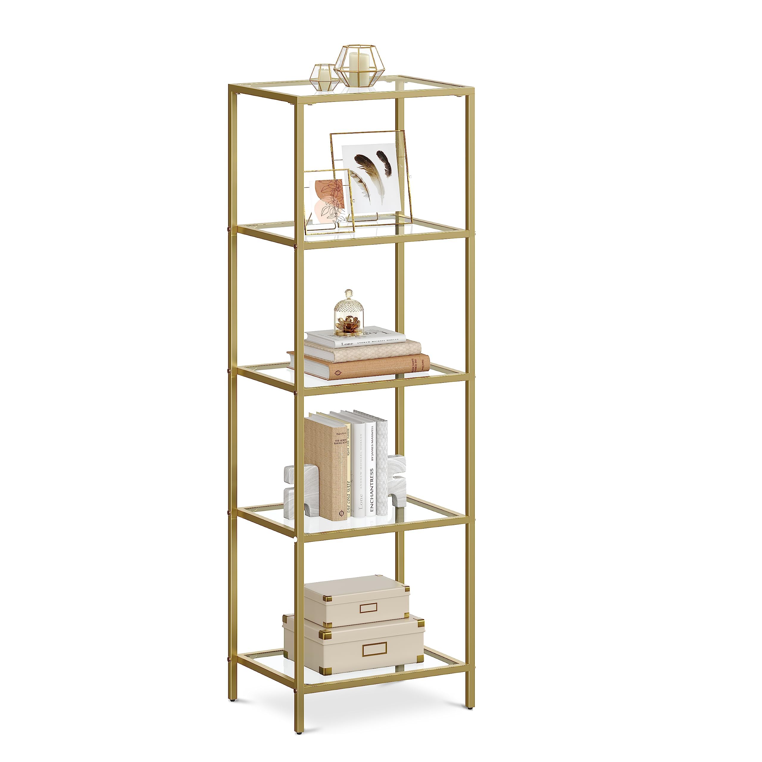 Librería Vasagle Delgada De 5 Niveles Con Estantes De Vidrio Templado, Dorada - Venta Internacional. $1,991