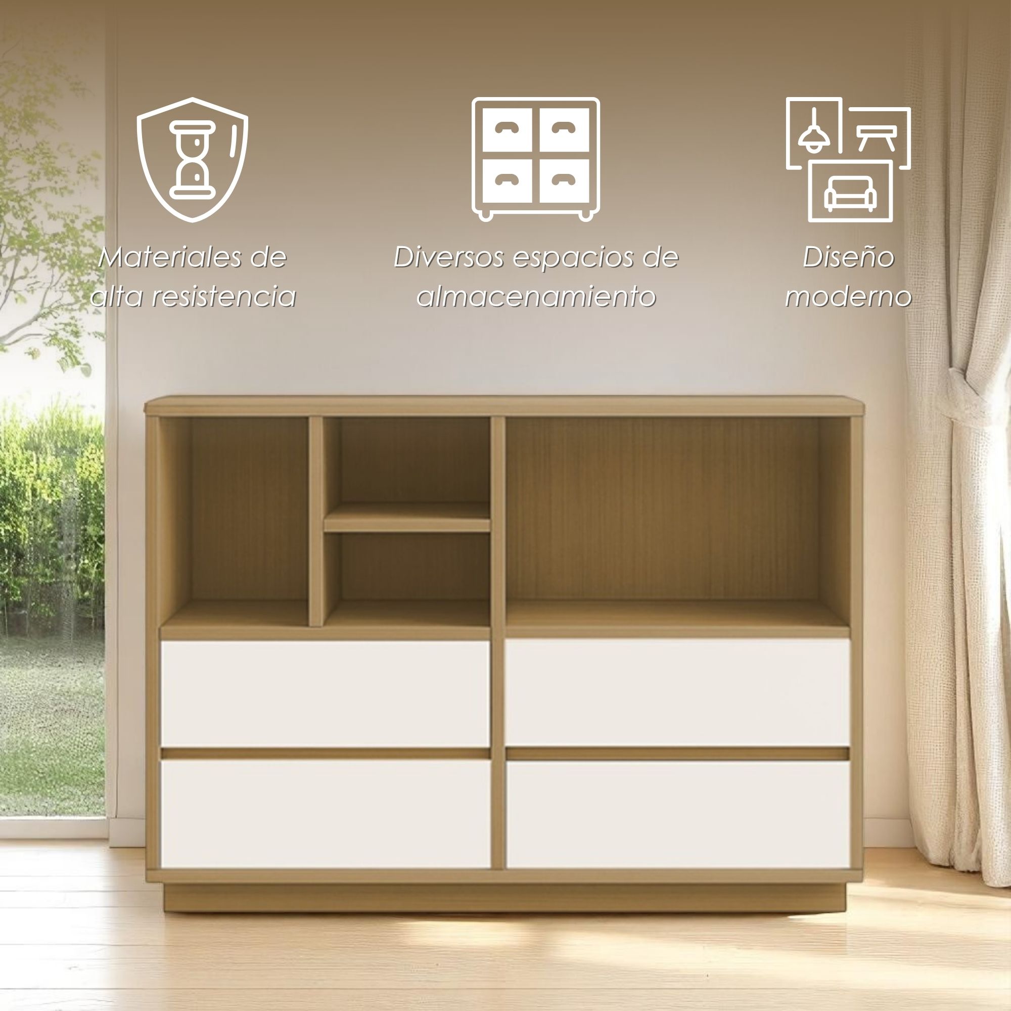 Foto 4 pulgar | Ilios Innova | Librero Minimalista Para Sala, Recámara U Oficina, Estante Organizador De Madera Color Maple Con Cajones