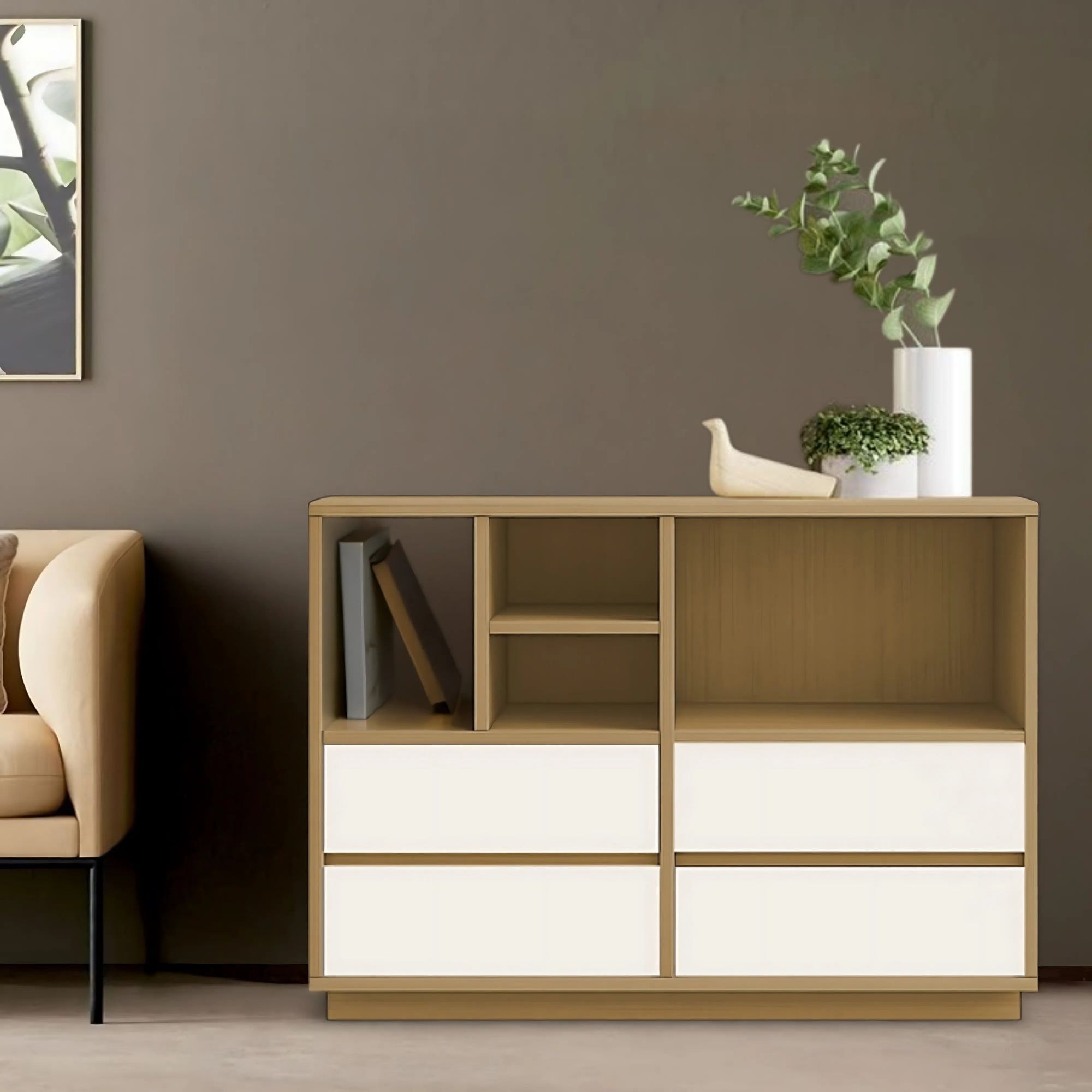 Foto 6 pulgar | Ilios Innova | Librero Minimalista Para Sala, Recámara U Oficina, Estante Organizador De Madera Color Maple Con Cajones