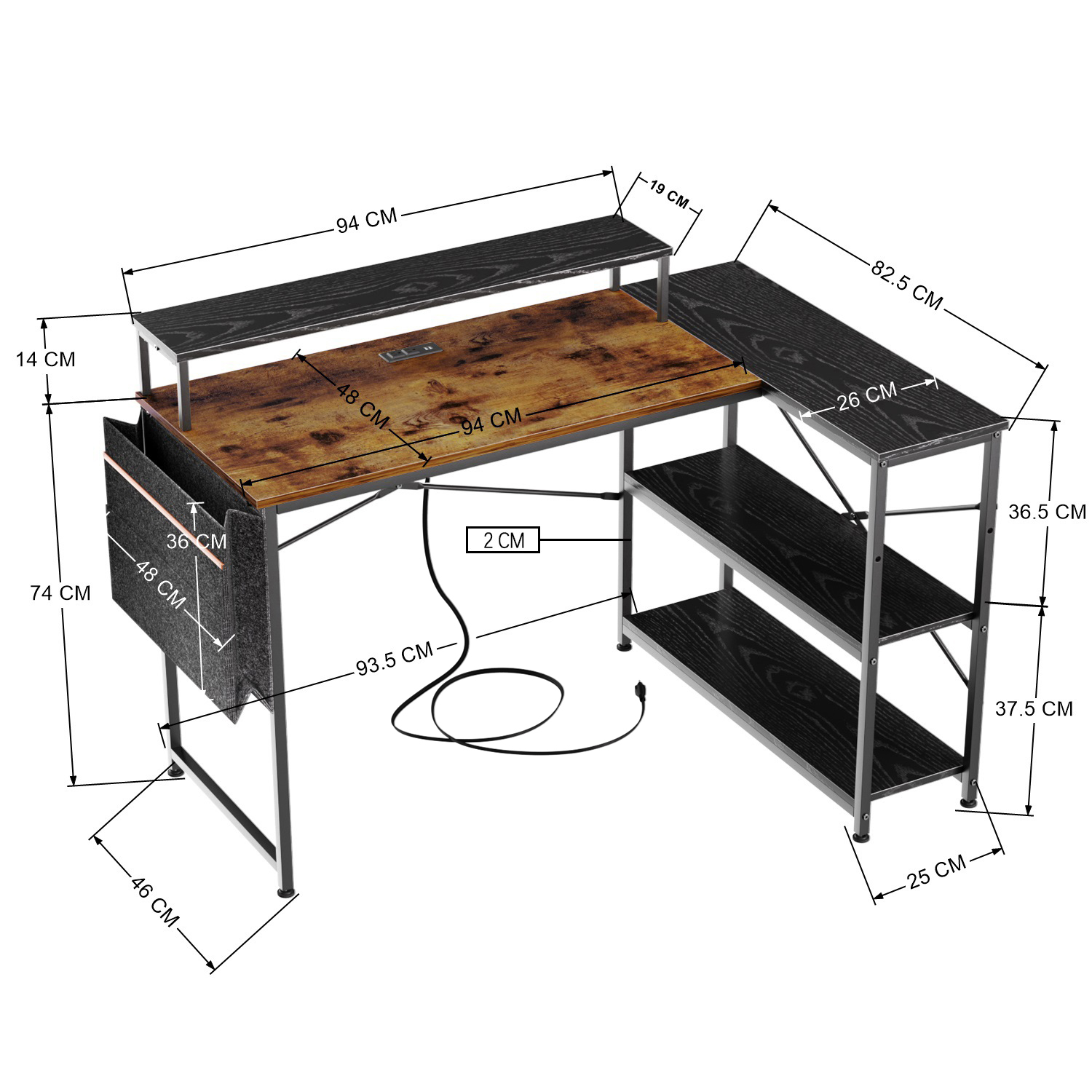 Foto 7 | Escritorio para Computadora en Forma De L Con Puertos USB Homemake Dembe Marrón+Negro