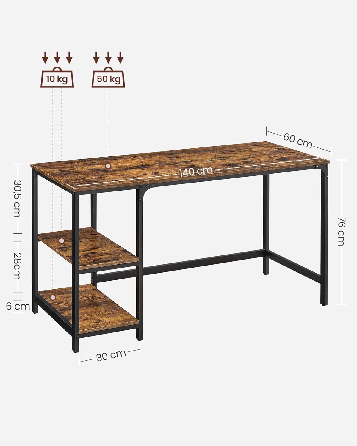 Foto 4 | Escritorio Para Ordenador Vasagle Alinru Con 2 Estantes De 140 Cm Rustic Bro