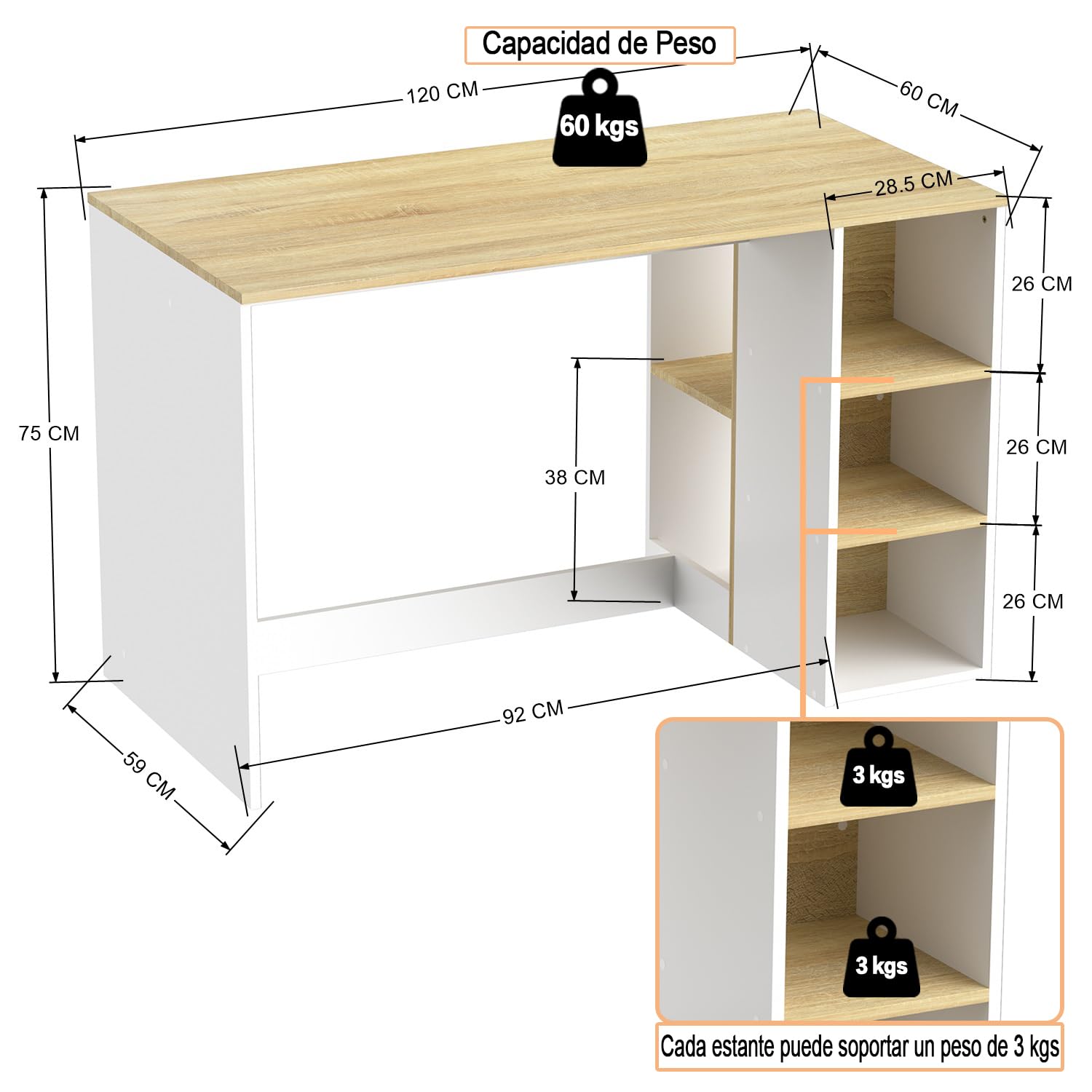 Foto 4 pulgar | Escritorio Furniturer Brenton Blanco 120 X 60 X 75 Cm