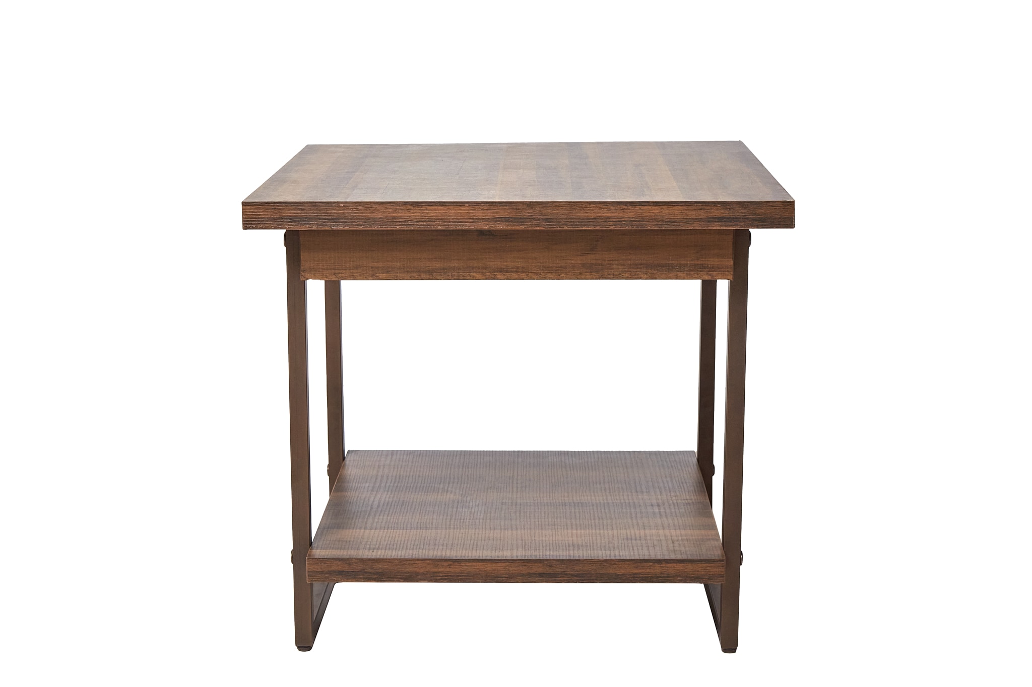 Mesa Lateral Auxiliar Color Nogal Con 1 Entrepaño, Base De Metal Y Tableros De Madera Industrial $2,710
