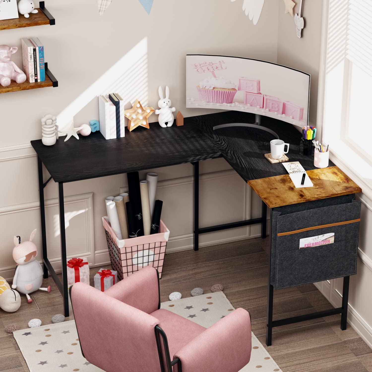 Escritorio En L Furniturer Isoud Negro 124 X 100 X 74 Cm $1,413
