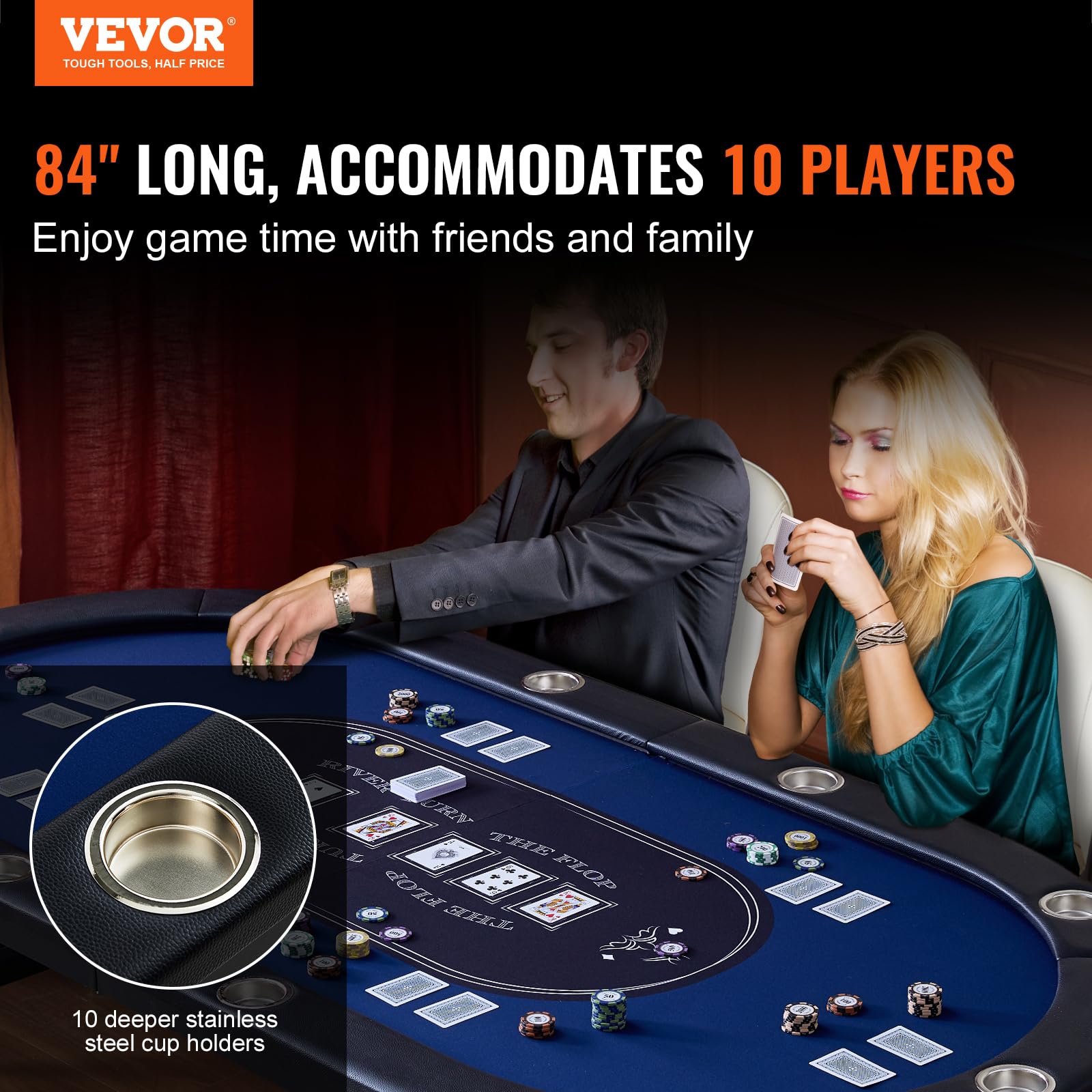 Foto 2 | Mesa De Póker Vevor Plegable Para 10 Jugadores Con Rieles Acolchados, Color Azul, 214 Cm - Venta Internacional.