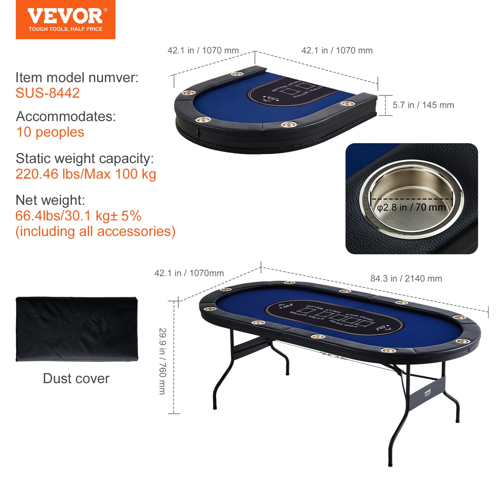 Foto 6 pulgar | Mesa De Póker Vevor Plegable Para 10 Jugadores Con Rieles Acolchados, Color Azul, 214 Cm - Venta Internacional.