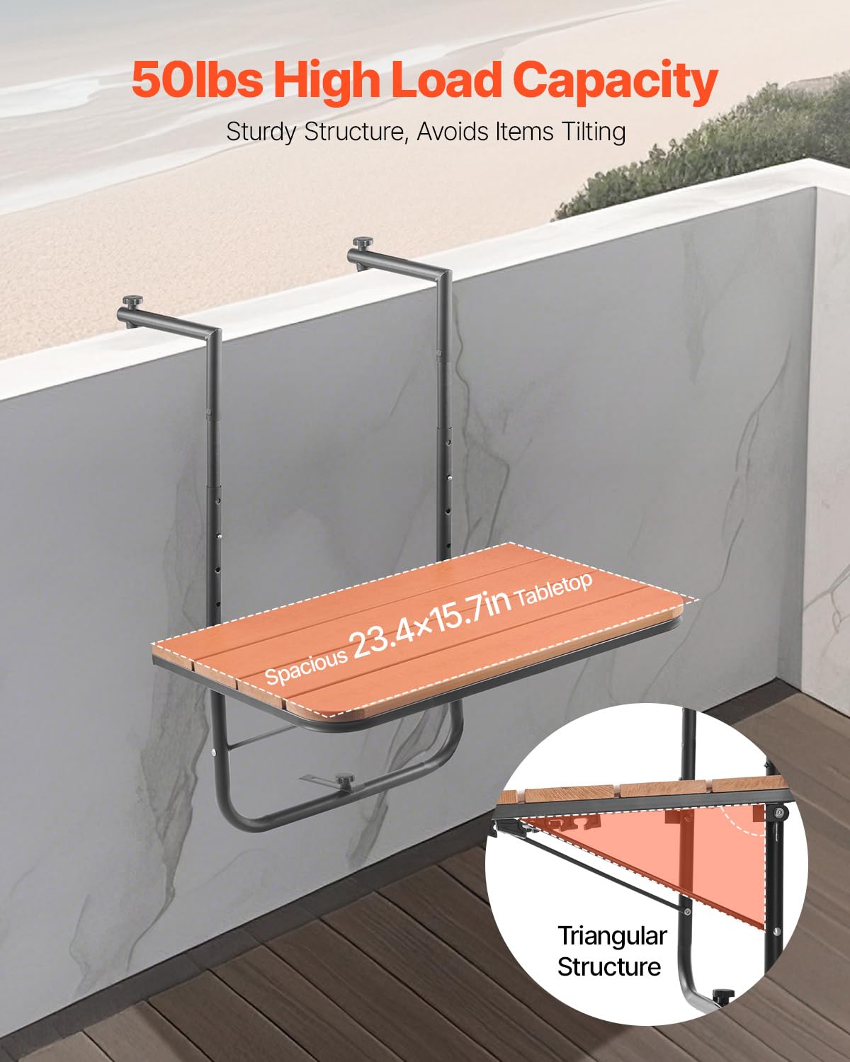 Foto 4 pulgar | Mesa Colgante Vevor, Barandilla Para Balcón, 23 X 40 Cm, Ajustable En 4 Niveles - Venta Internacional.